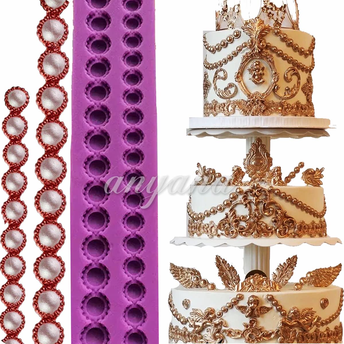 Anyana Bead Jewel Pearl Chain Rope Stone Border Mould Cake Fondant Impression Gum Paste Mold For Sugar Paste Gumpaste Cupcake De