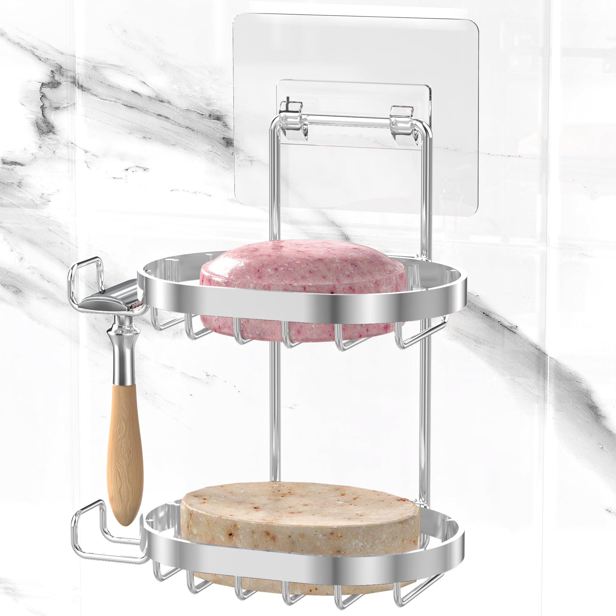 Masadi 2 Tier Soap Dish Holder, Wall Mounted Soap Tray With Drainage, Shampoo Bar Caddy For Shower Wall, Soap Savers, Razor Hold