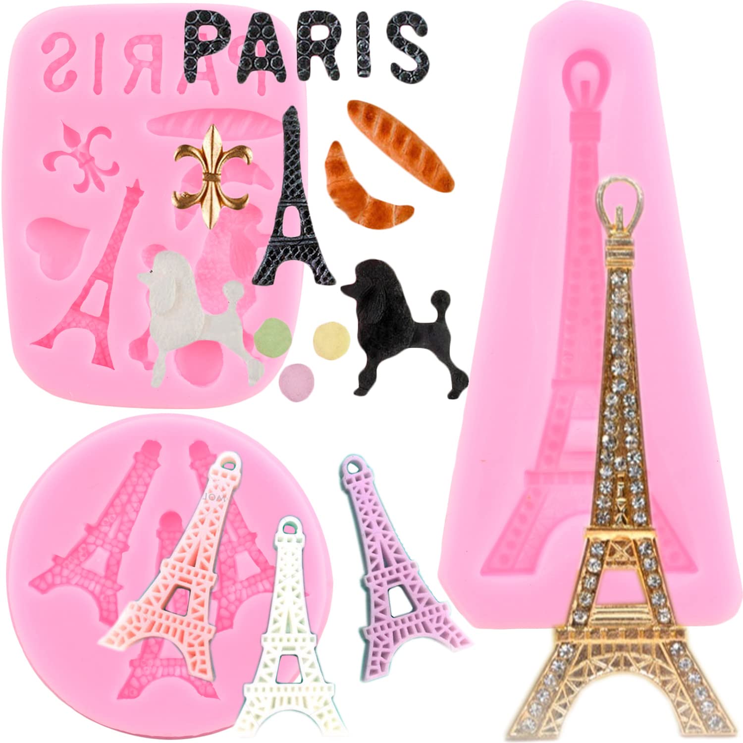 Mujiang Eiffel Tower Silicone Molds I Love Paris Poodle Dog Fondant Mold For Diy Cake Cupcake Decorating Candy Chocolate Set Of