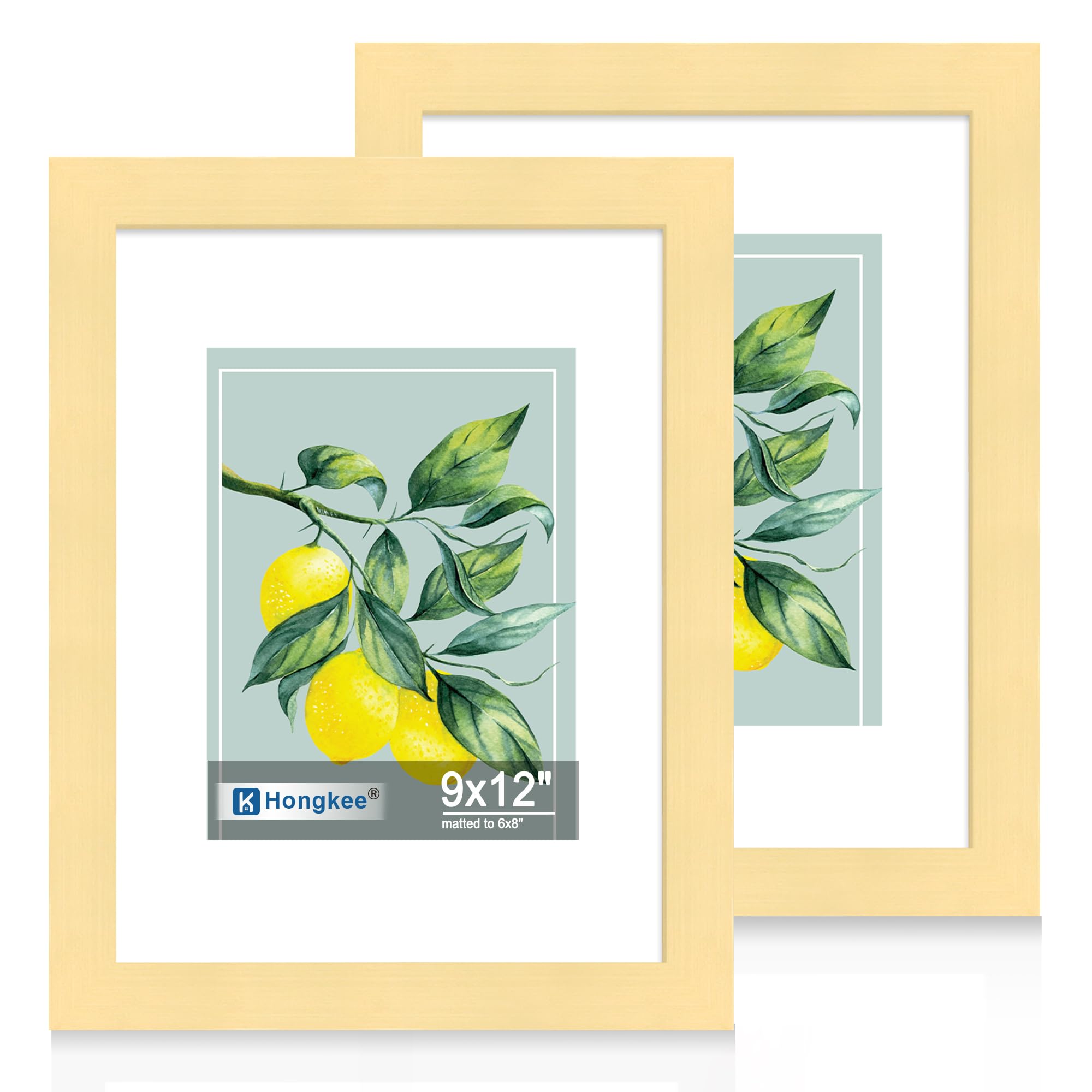 Hongkee 9x12 Picture Frame Set of 2, Made of Real Glass and Gold Wooden Frame - Display Pictures 6x8 with Mat or 9x12 Without Ma
