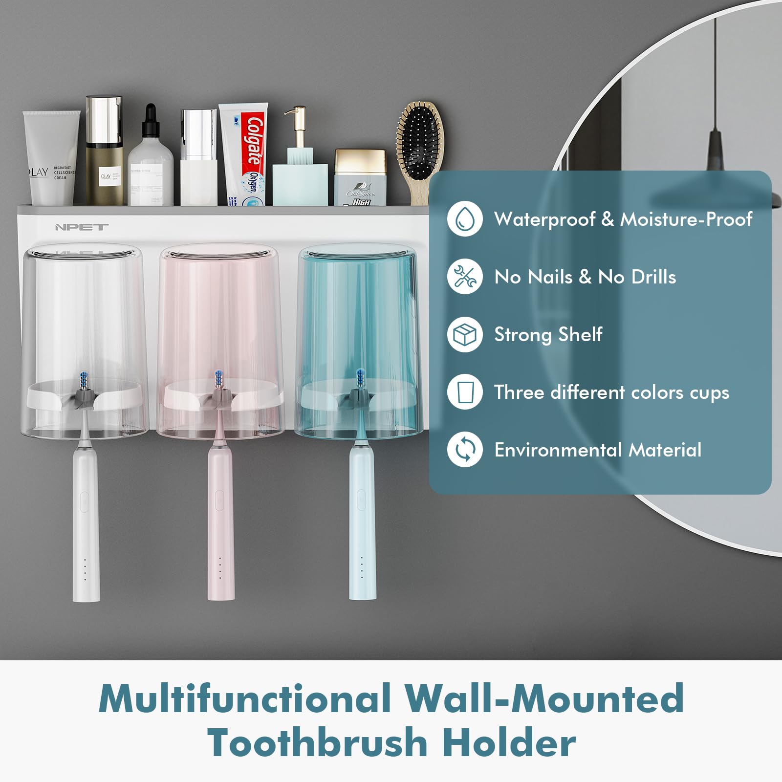 Npet Toothbrush Holder For Bathroom,3 Cups Toothbrush Holder Set Wall Mounted, Ideal Bathroom Accessories Organization