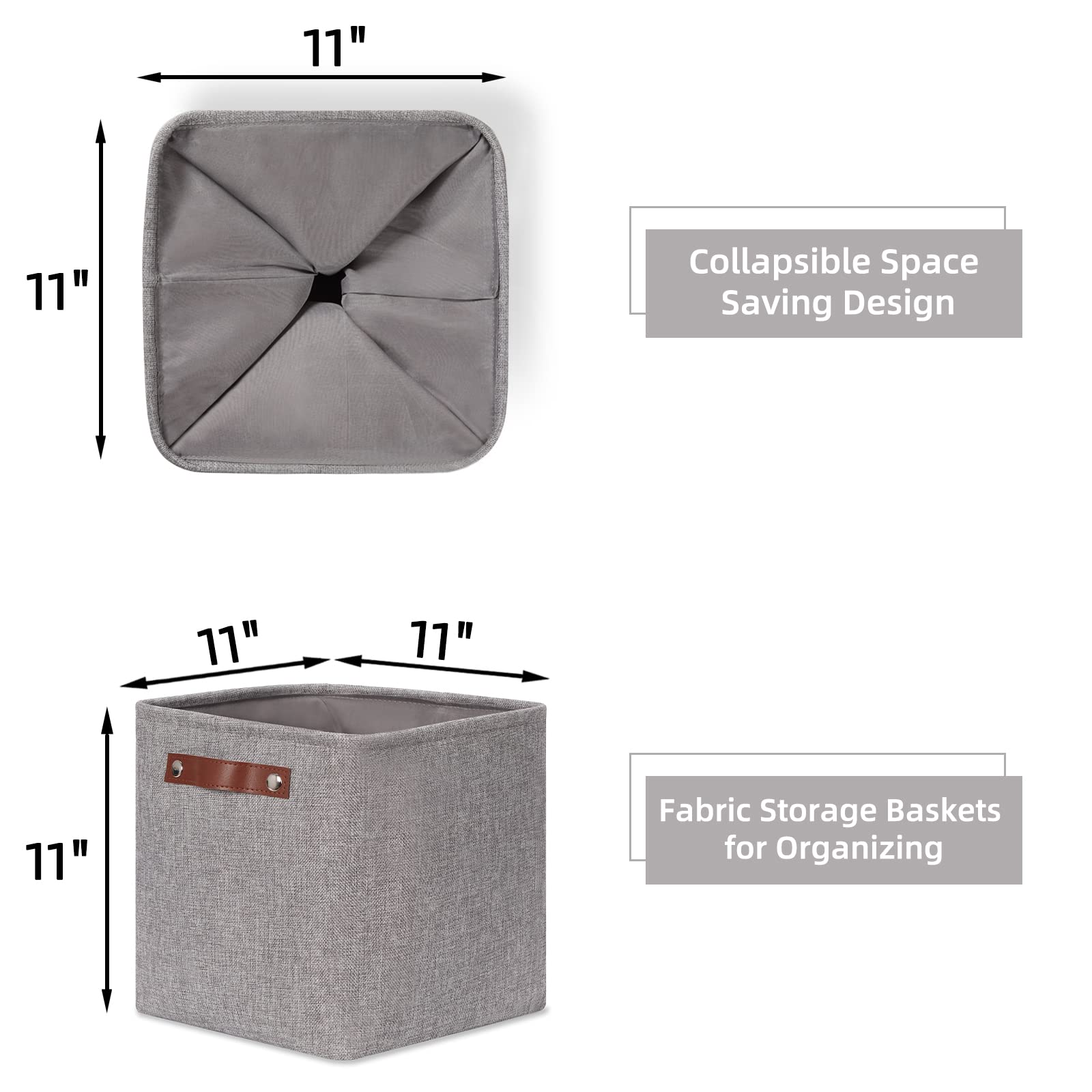 HNZIGE Collapsible Storage Basket (4Pack) Cube Storage Baskets for Organizing Shelves Fabric Baskets for Storage 11x11 Storage Basket for Dog Toys Closet Book Clothes Storage with Handles(Grey)