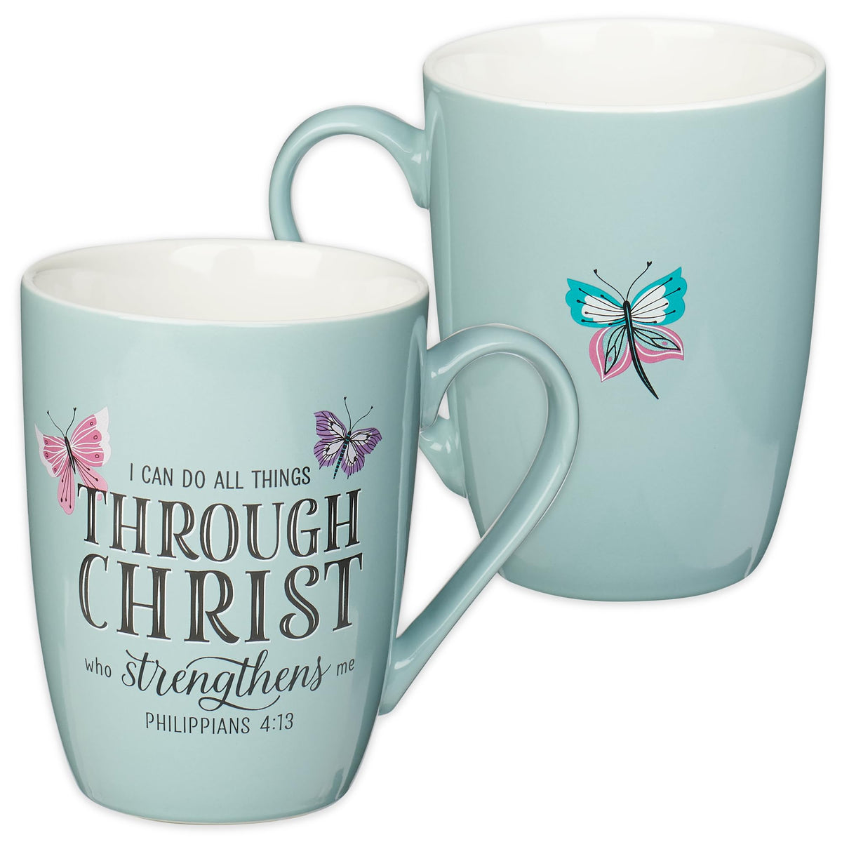 Christian Art Gifts Ceramic Coffee Mug for Women 12 oz Light Blue with Butterflies Inspirational Coffee Cup - All Things Through