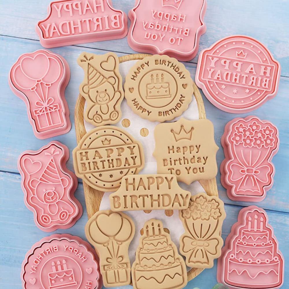Happy Birthday Cookie Cutters,3D Birthday Cookie Press Cookie Moulds For Baking, Cookie Mould Press Birthday Cookie Mould Set Ki