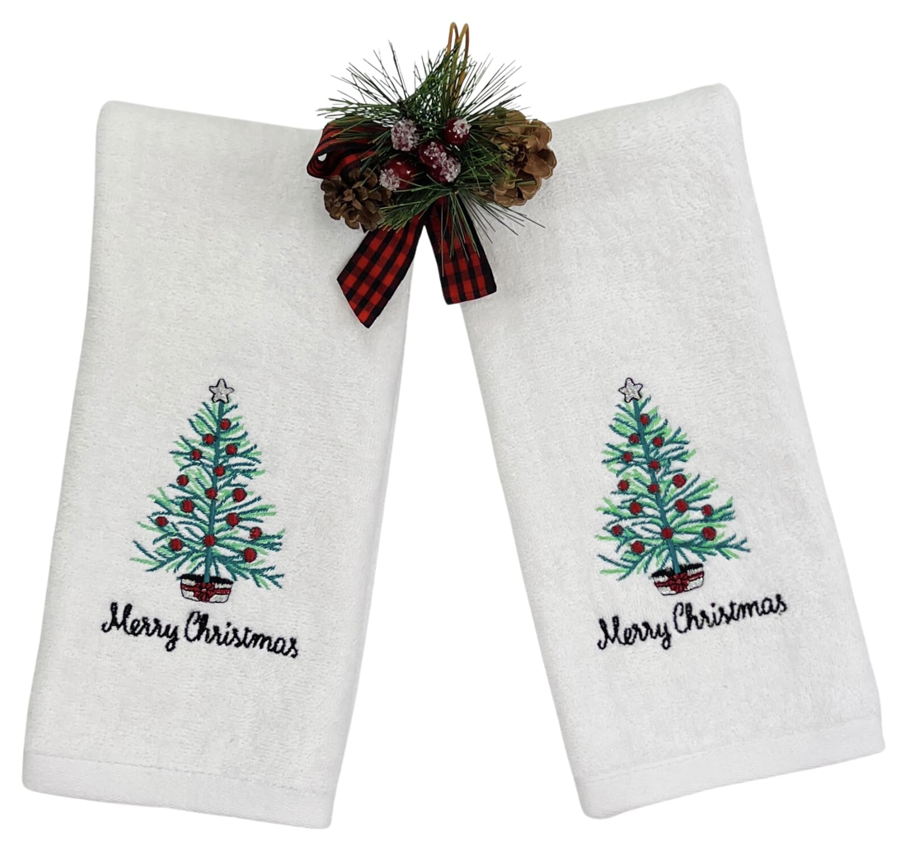 Luxury Winter Holiday Christmas Bath Kitchen Hand Towel Set: Decorated White Rustic Christmas Tree, Merry Christmas Motif, Velou