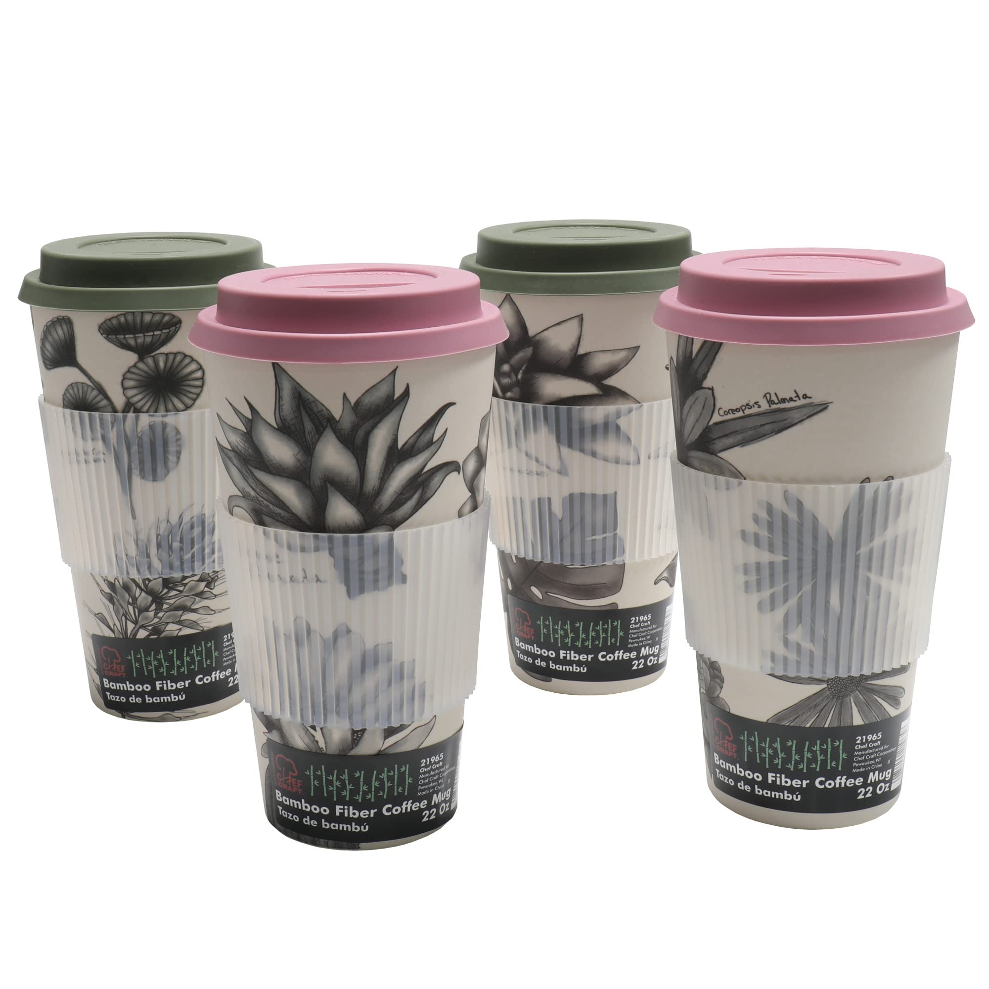Chef Craft Eco Bamboo Fiber Travel Mug, 22 Ounce 4 Piece Set, Natural