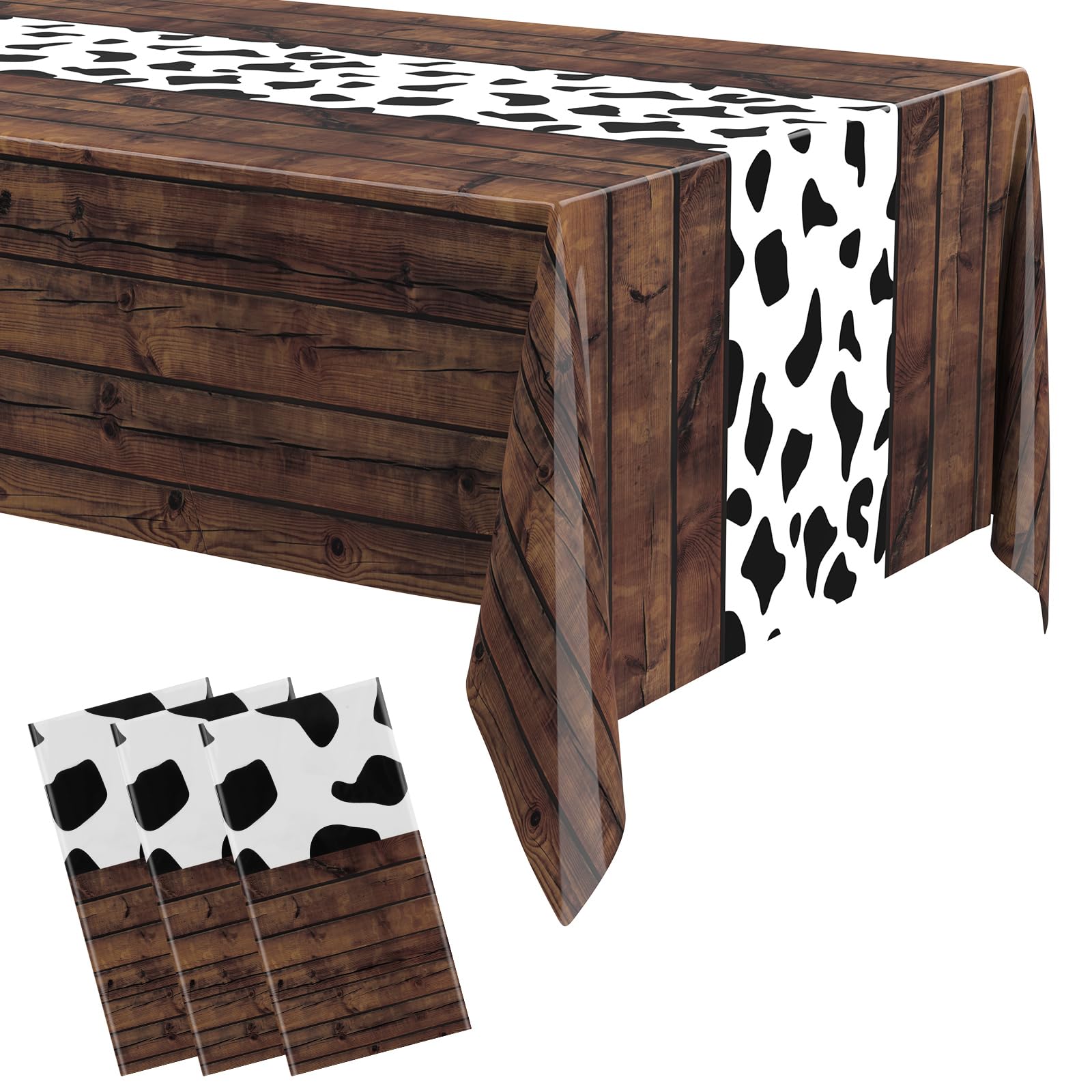 Remagr 3 Pcs 54 x 108 Inch Cow Print Table Runner Western Tablecloth for Cowboy Party Decor My First Rodeo Table Cloths Plastic 