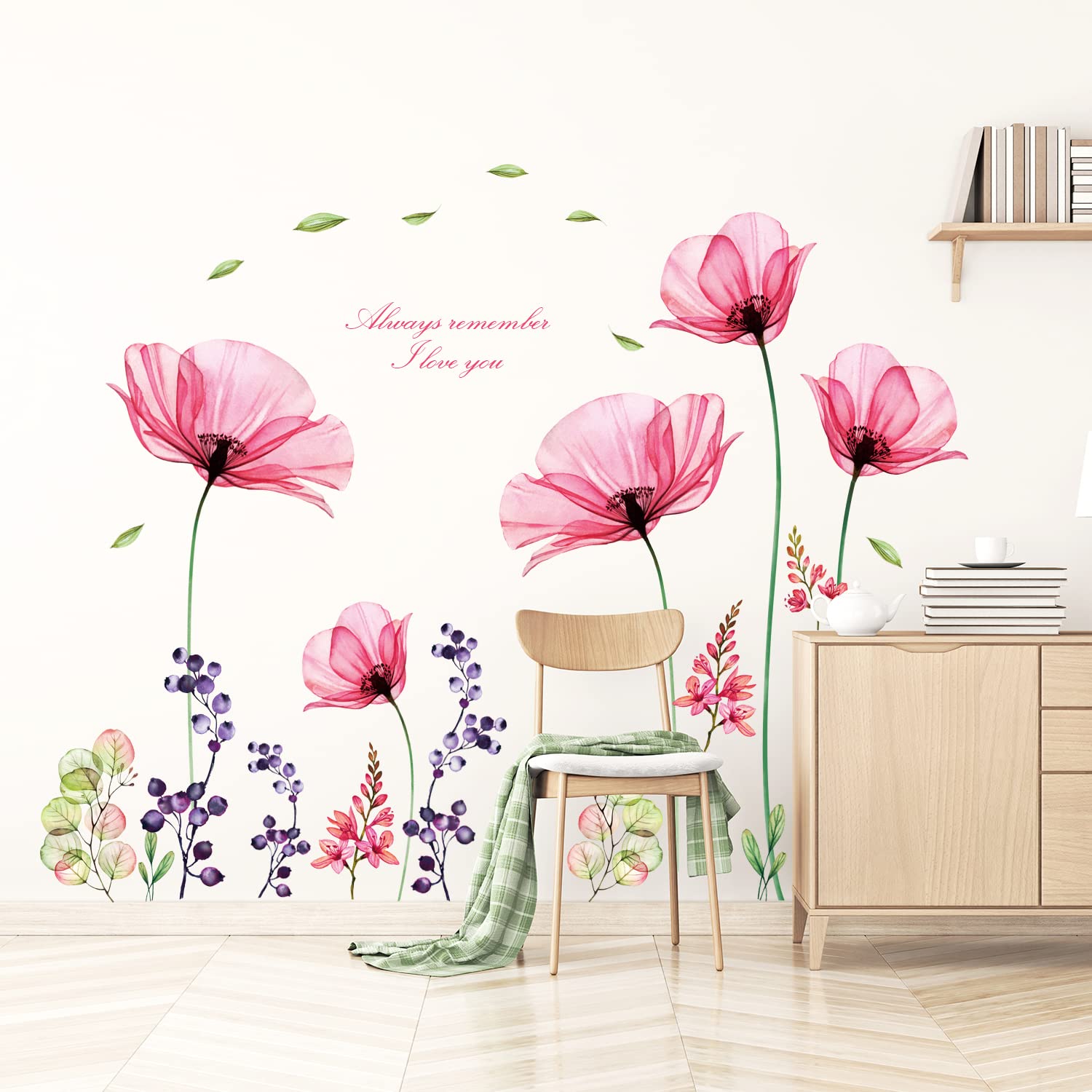 BASHOM SG2-106 X-ray Pink Flowers Wall Decals Stickers Floral Vintage Wild Living Room murals Peel and Stick Girls Bedroom Removable Nursery