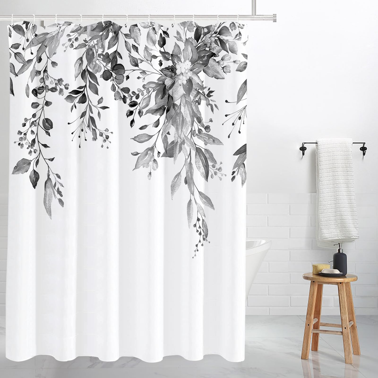 Tititex Black Eucalyptus Shower Curtain Sets, Watercolor Grey Leaves On The Top Plant With Floral Bathroom Decoration 72X84 Inch