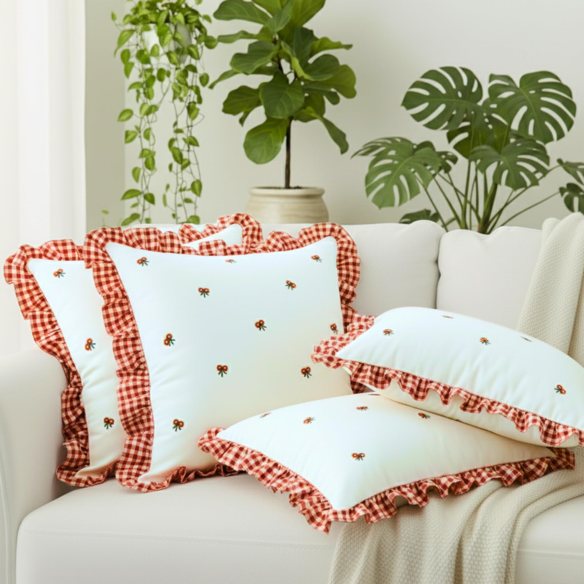 Sleepy Threads Square Cotton Cushion Cover Red & White Floral Embroidered | Set Of 4 | With Ruffle Frill Edging Throw For Sofa,L
