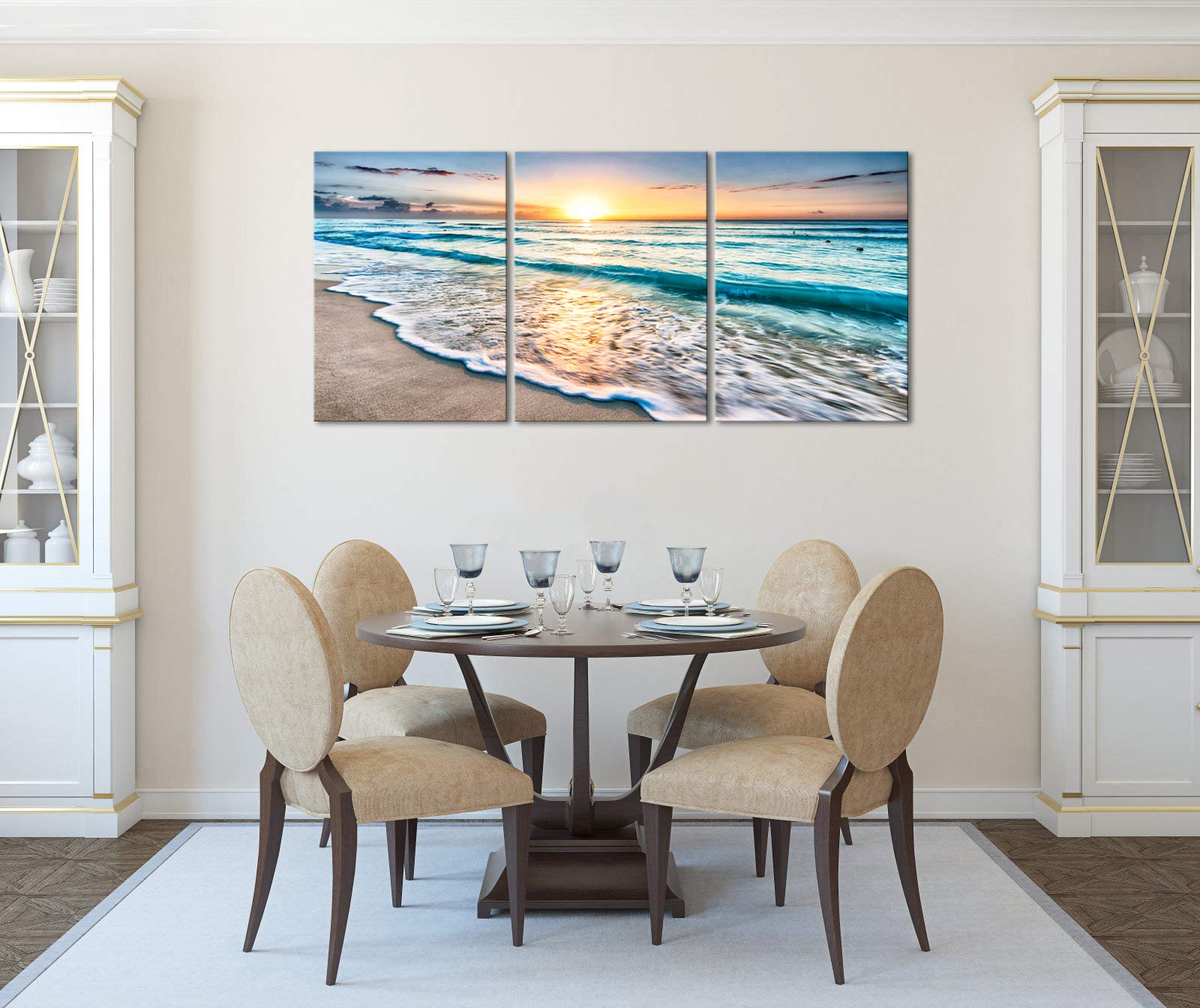 Wieco Art 3 Panels Blue Beach Sunrise White Wave Pictures On Canvas Wall Art Modern Stretched And Framed Seascape Canvas Prints