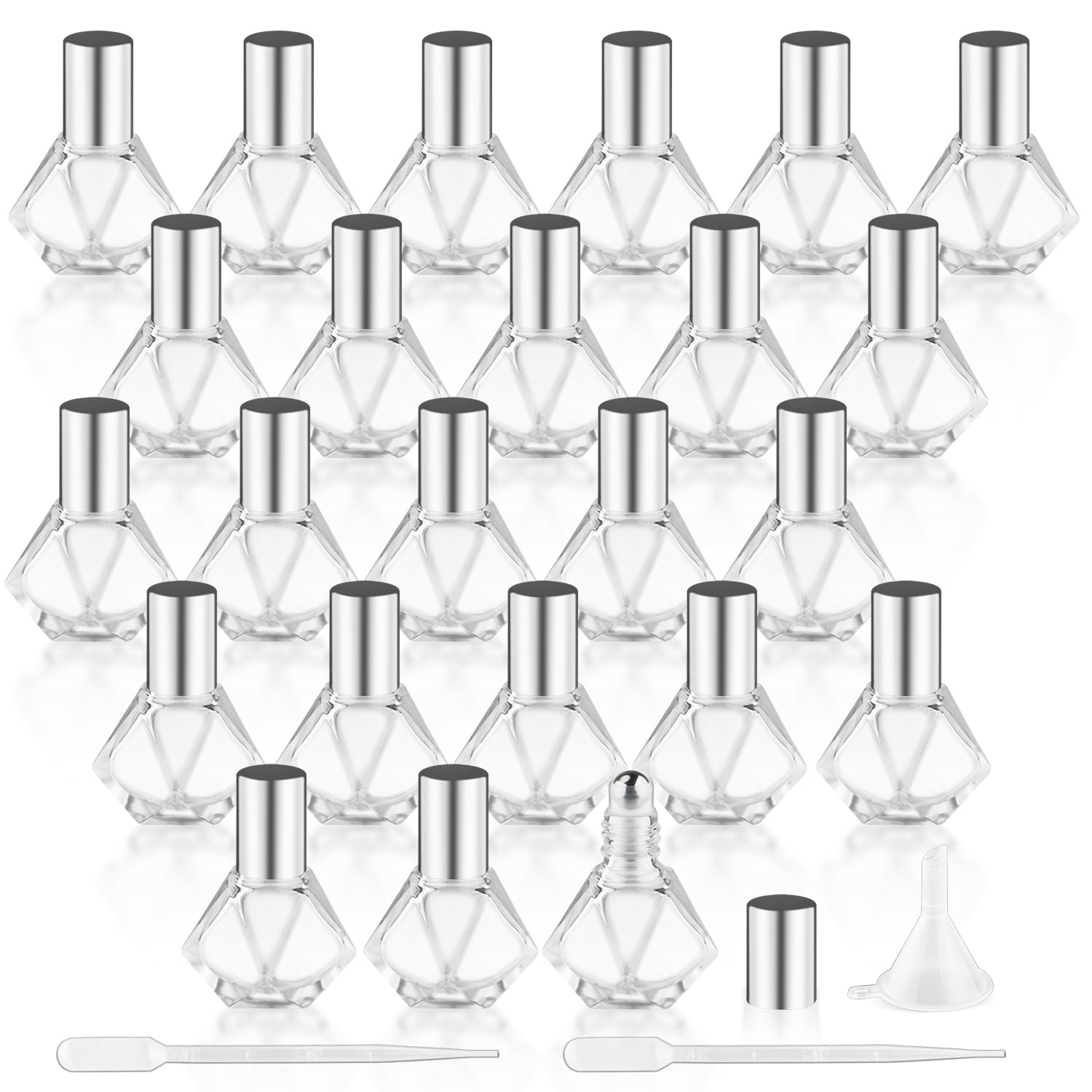 DynnnDy 24 Pcs 8ml Clear Glass Essential Oil Bottles Refillable Polygonal Roller Bottles with Stainless Steel Roller Ball Perfum