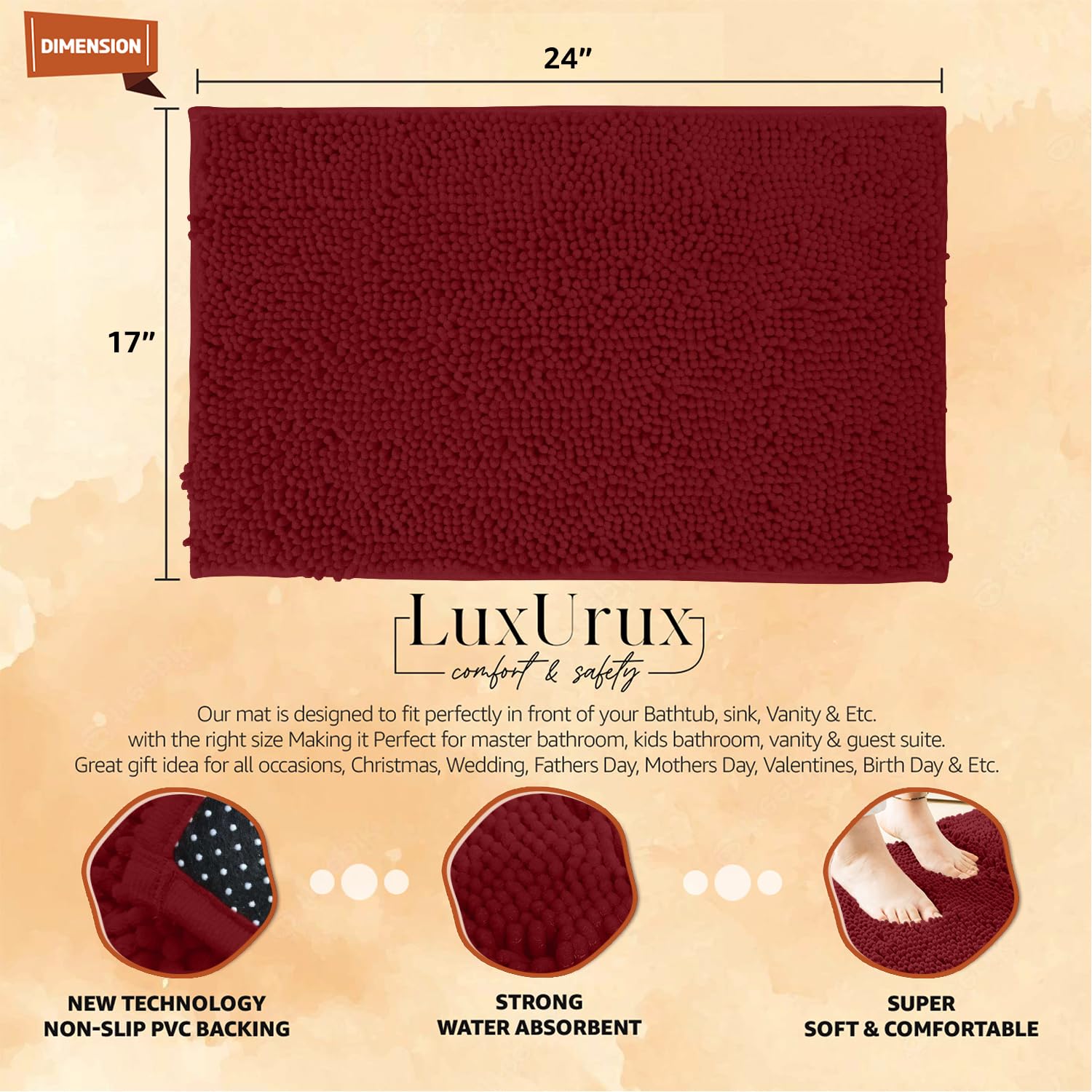 Luxurux Red Bathroom Rugs Extra-Soft Plush Bath Mat Shower Bathroom Rug,1'' Chenille Microfiber Material, Super Absorbent Shaggy