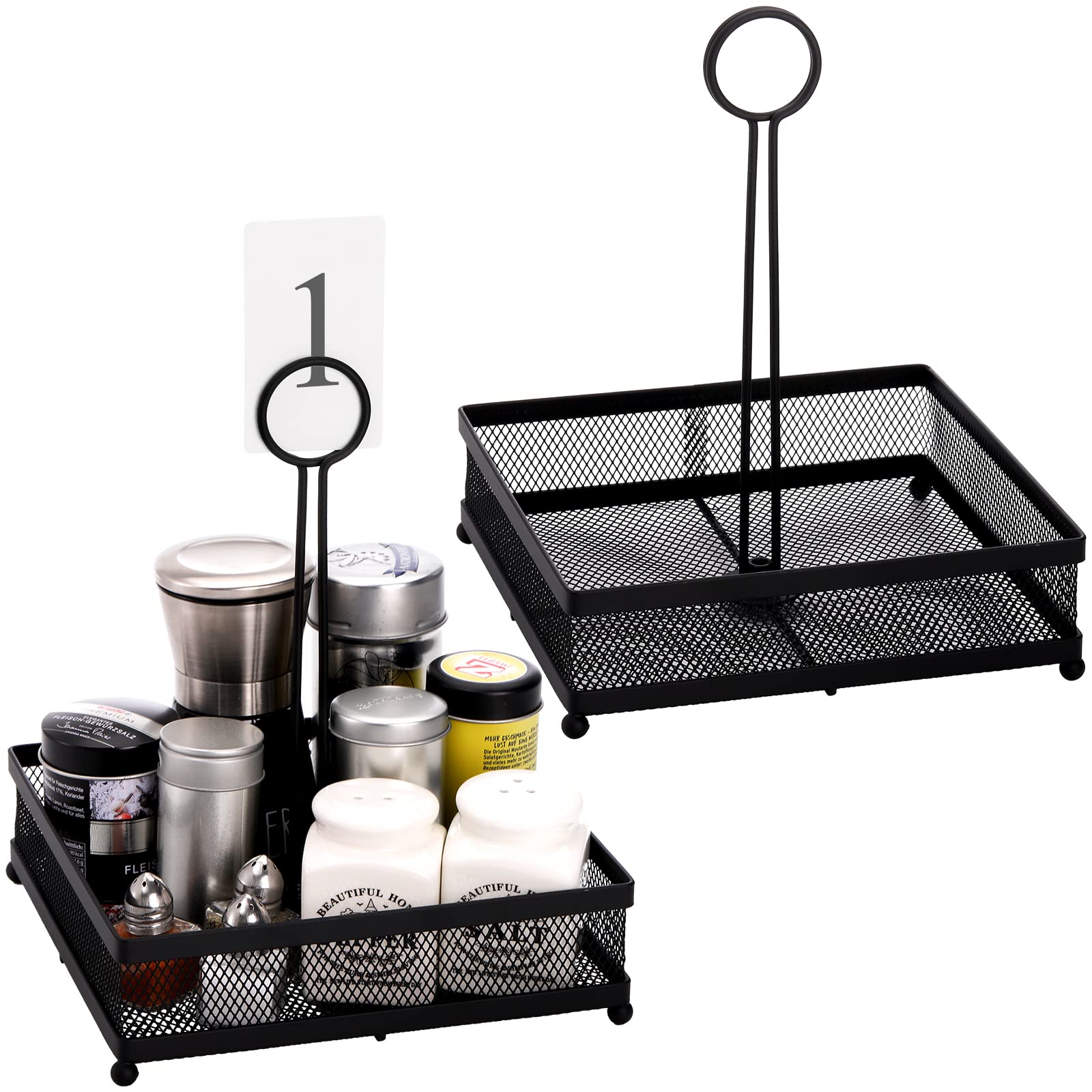 Lyellfe Set Of 2 Metal Condiment Caddy, Square Table Caddy Collection With Number Card Holder, Black Tabletop Seasoning Spice Or