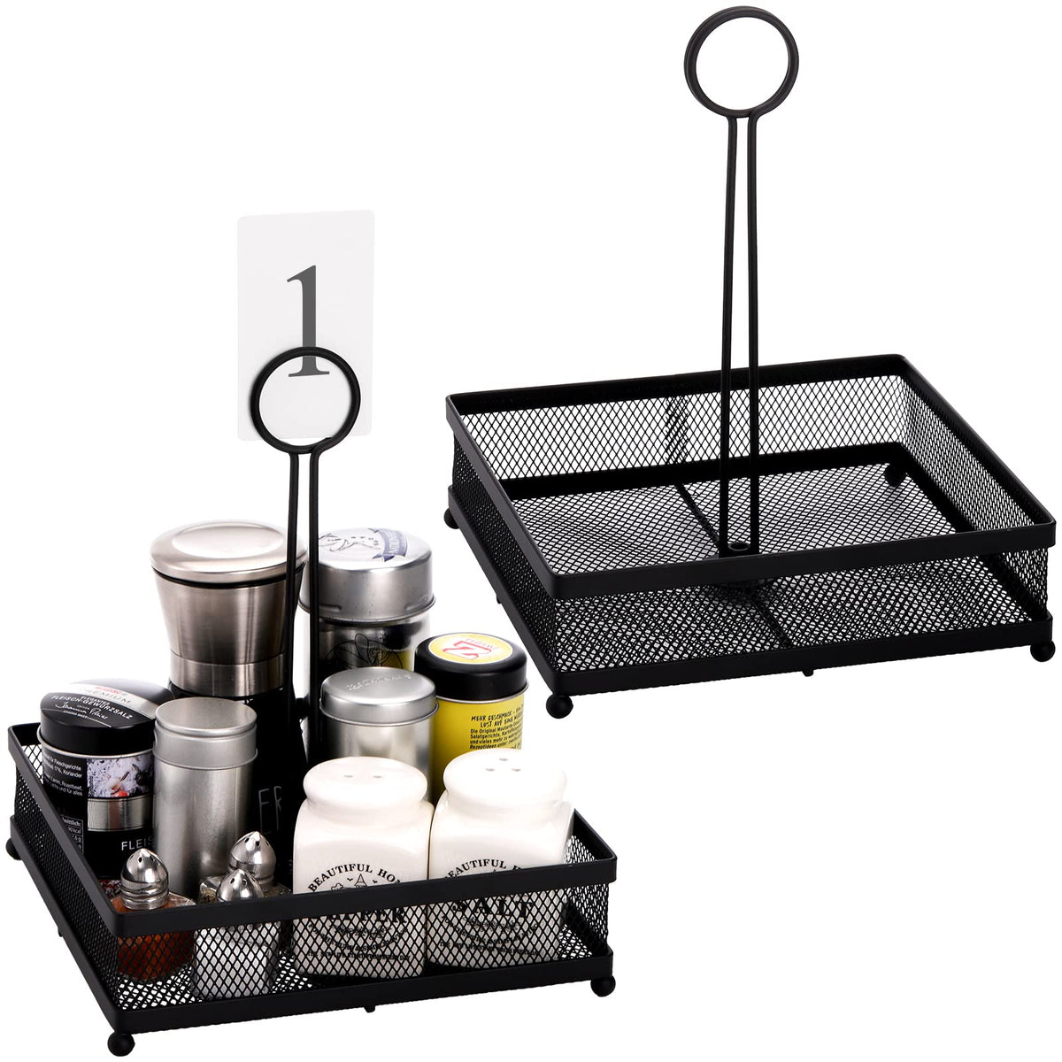 Lyellfe Set Of 2 Metal Condiment Caddy, Square Table Caddy Collection With Number Card Holder, Black Tabletop Seasoning Spice Or