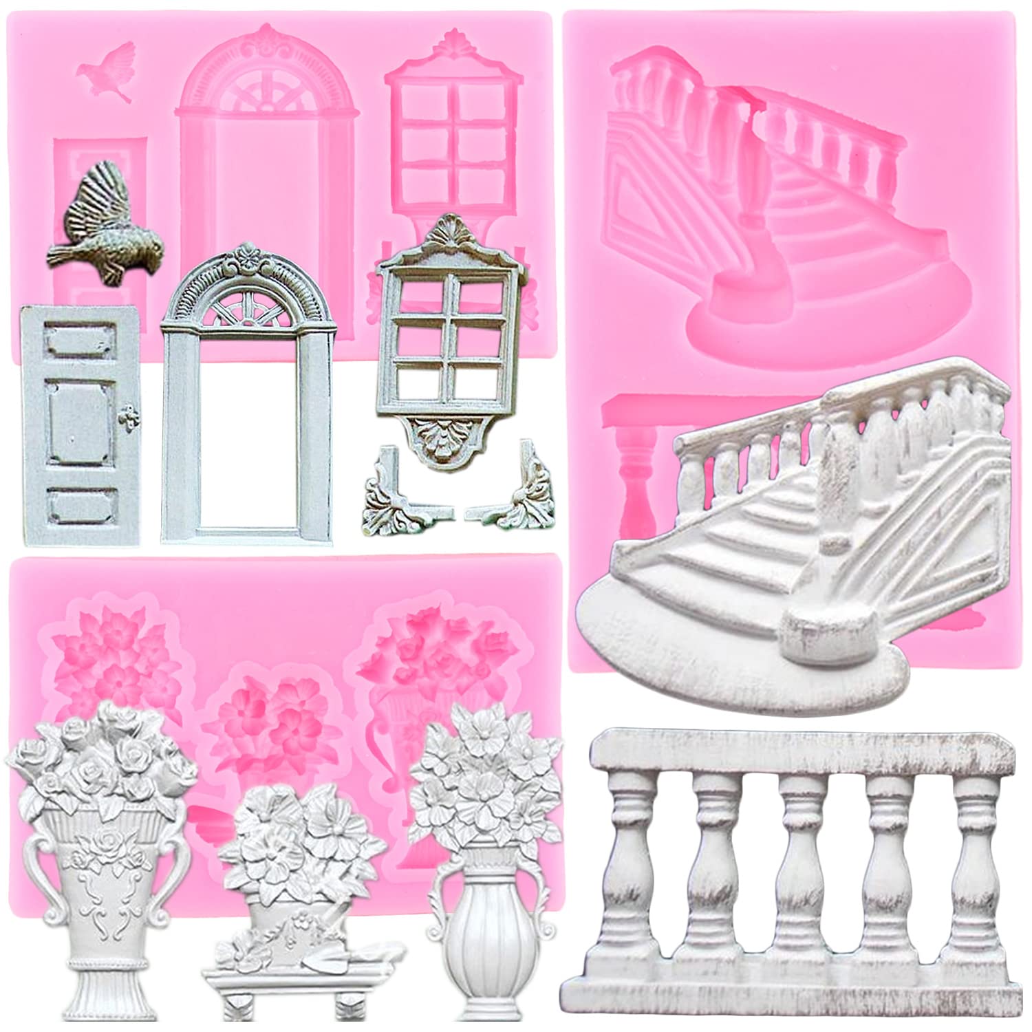 Mujiang Enchanted Vintage Fairy Garden Fairy Gnome Home Door Window Silicone Chocolate Fondant Molds Flower Bird Staircase Raili