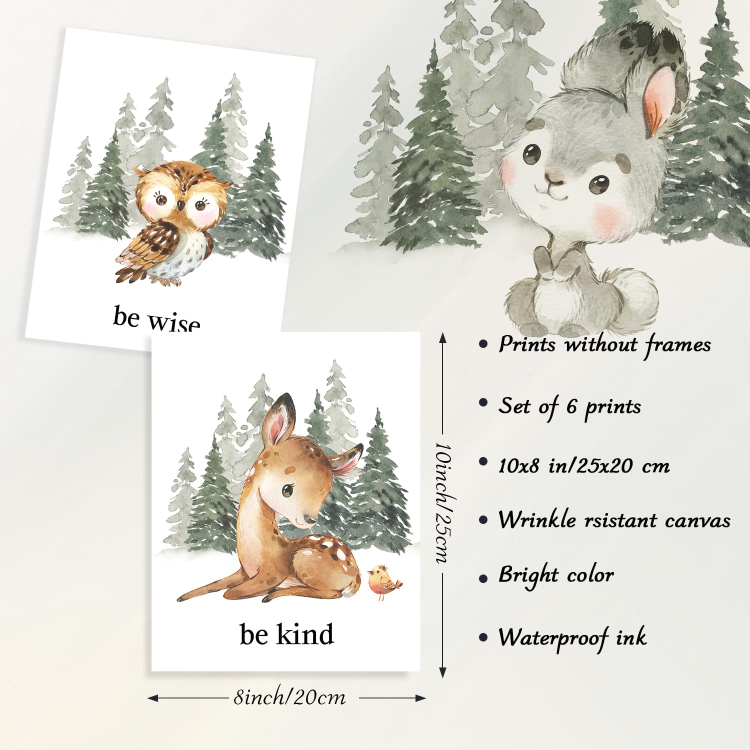 Dazzlewall 6 Pcs Nursery Animal Wall Art Poster Forest Deer Bear Fox Prints, Motivational Quotes Poster For For Baby Kids Room D