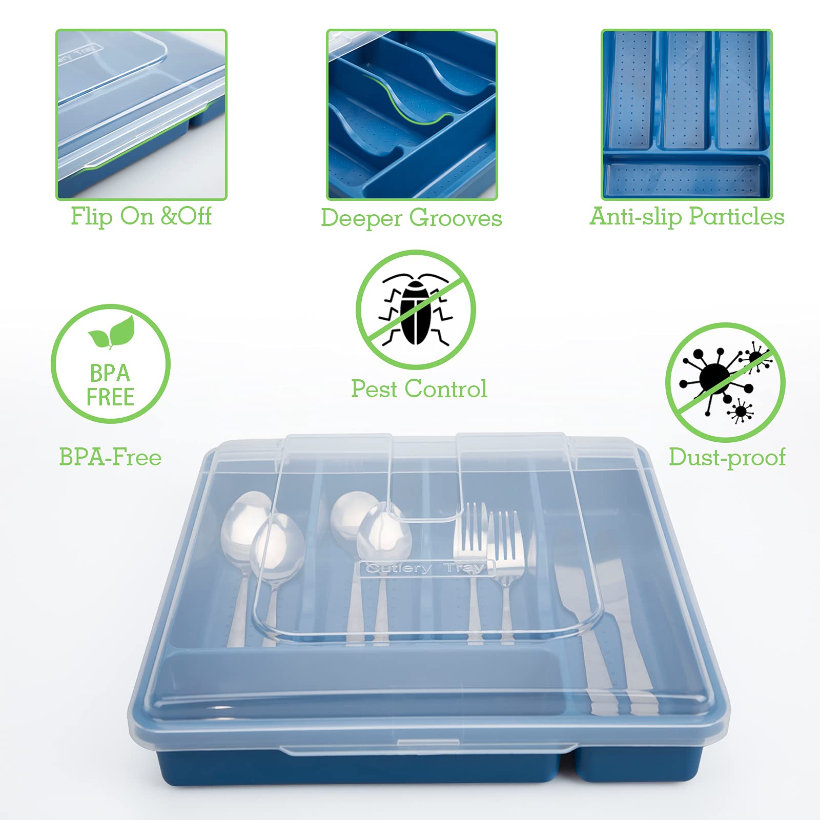 QINOL Silverware Tray with Lid  Utensil Holder for Kitchen Counter Plastic Flatware Organizers and Storage holder 5 Compartments Blue