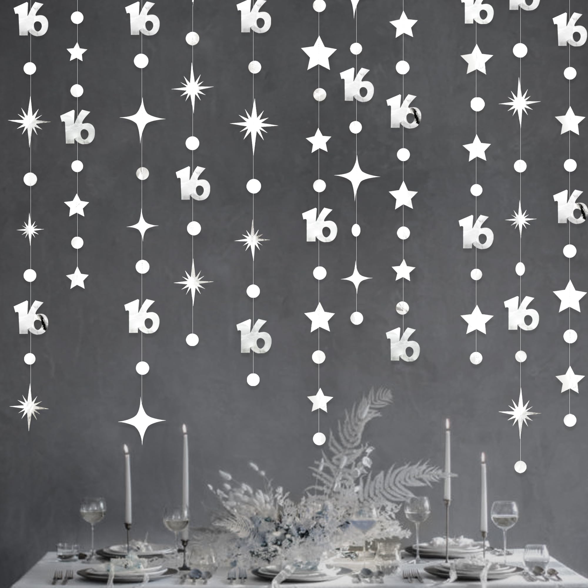 Silver 16Th Birthday Decorations Number 16 Circle Dot Twinkle Star Garland Metallic Banner Backdrop For Girls Boys Happy 16Th Bi