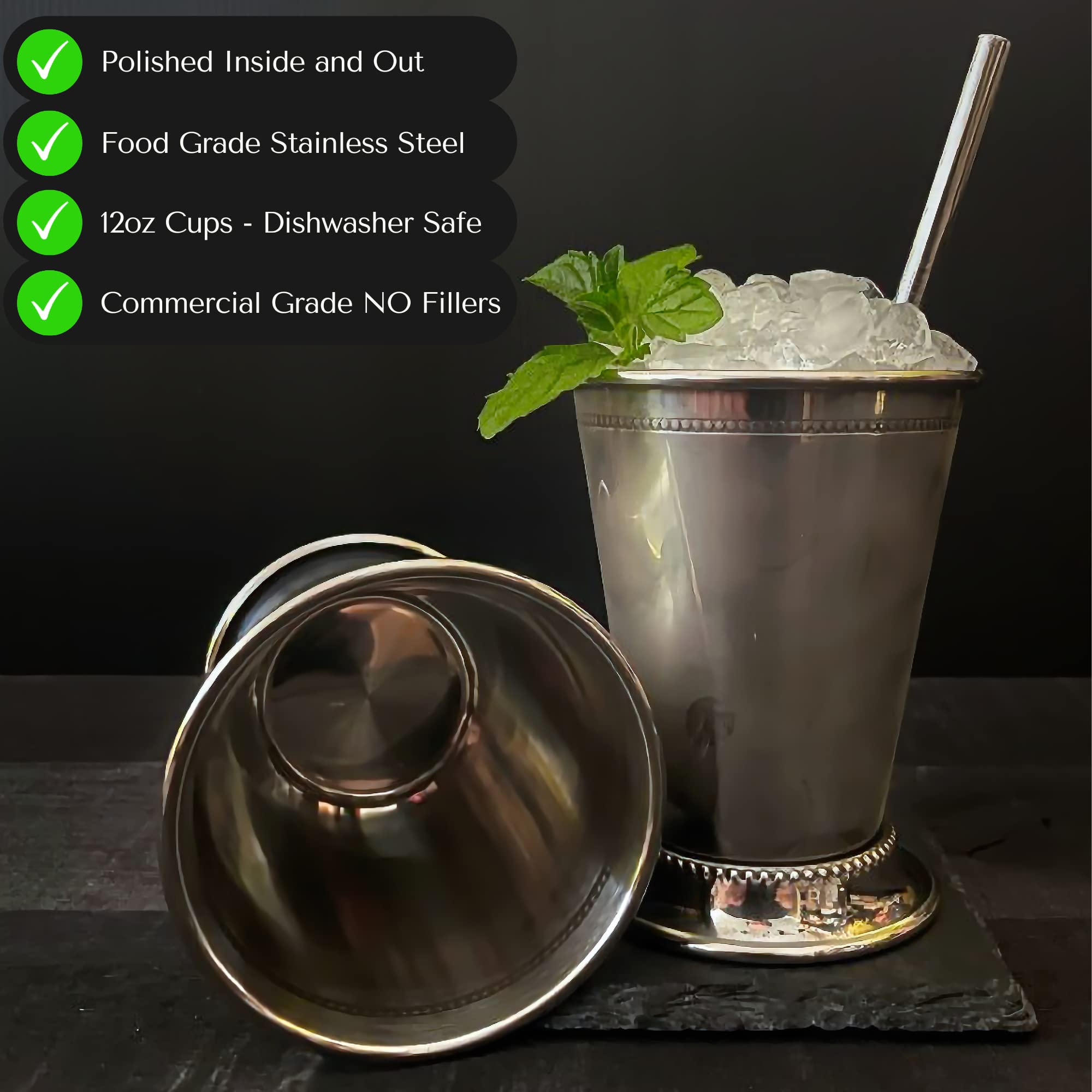 Mint Julep Cups Set Of 4 With Straws - Stainless Steel Mint Julep Cup - Mint Julep Glasses - 12Oz Commercial Grade Cups - Metal