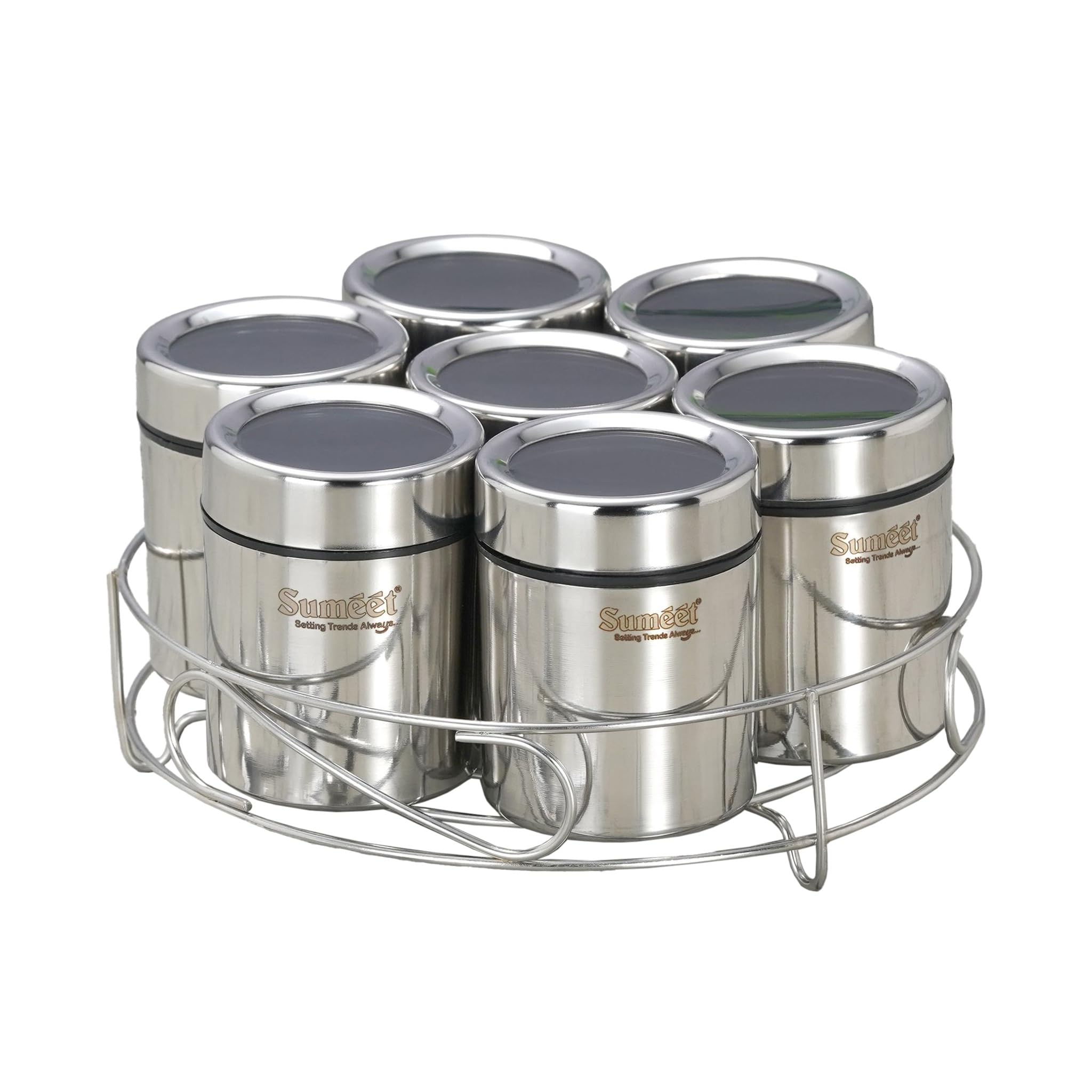 Sumeet 7In1 Stainless Steel + See Through Lid Masala Stand/Dry Fruit Stand With Stand And 7 Spoons