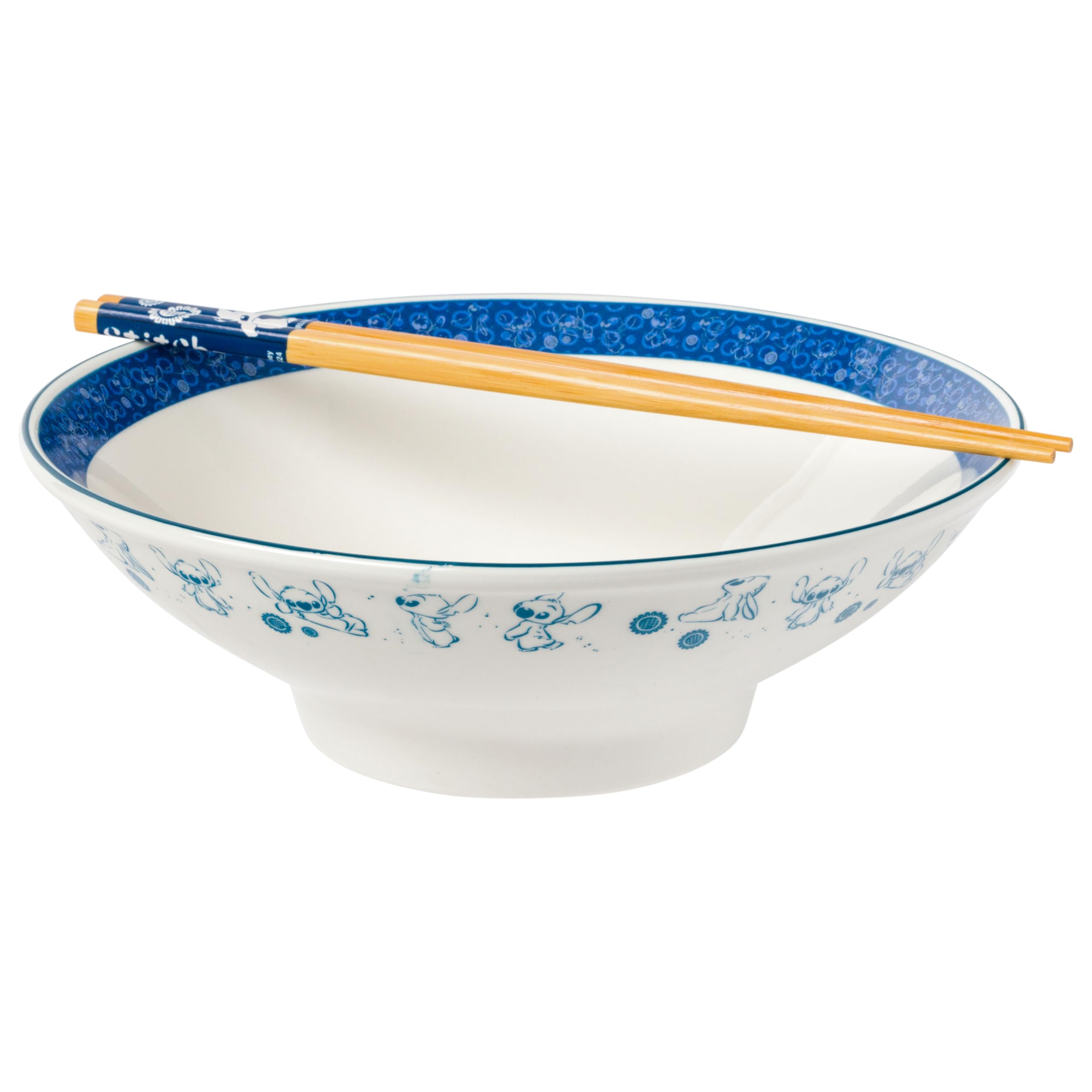 Silver Buffalo Disney Lilo And Stitch Watercolor Kawaii Cute Stitch Ceramic Ramen Noodle Rice Bowl With Chopsticks, Microwave Sa