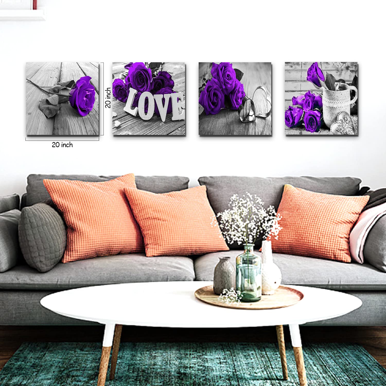 Purple Wall Art Bathroom Decor Rose Flower Canvas Prints Black and White Grey Background Romantic Love Painting Artwork Couple Bedroom Pictures Floral Posters Living Room Home Decorations 12x12 4 Pcs