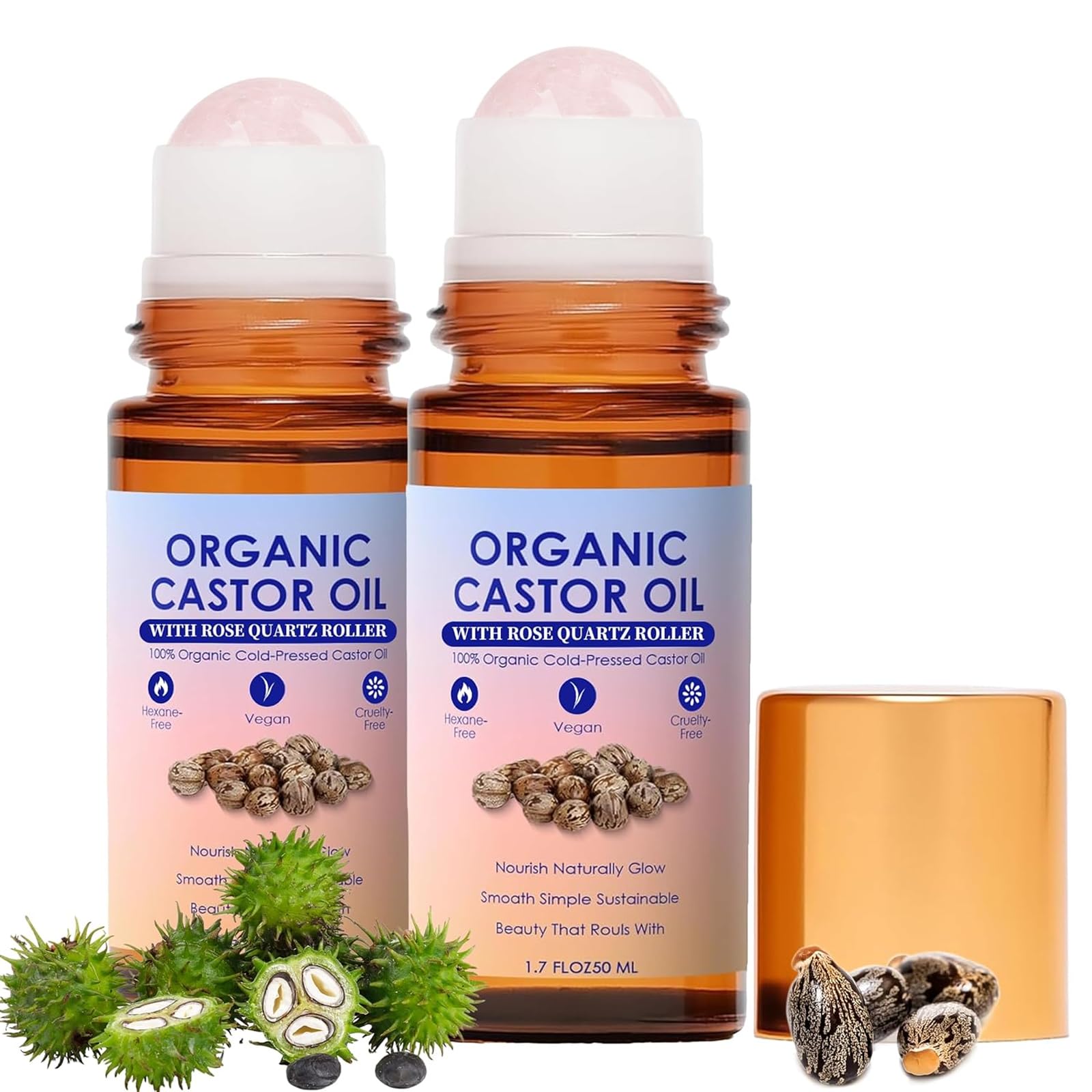 WXZTC 2 Pack x 1.7 floz, Castor Oil Rose Quartz Roller Ball Organic, Organic Castor Oil Rose Quartz Roller Ball, Deep Moisturizi