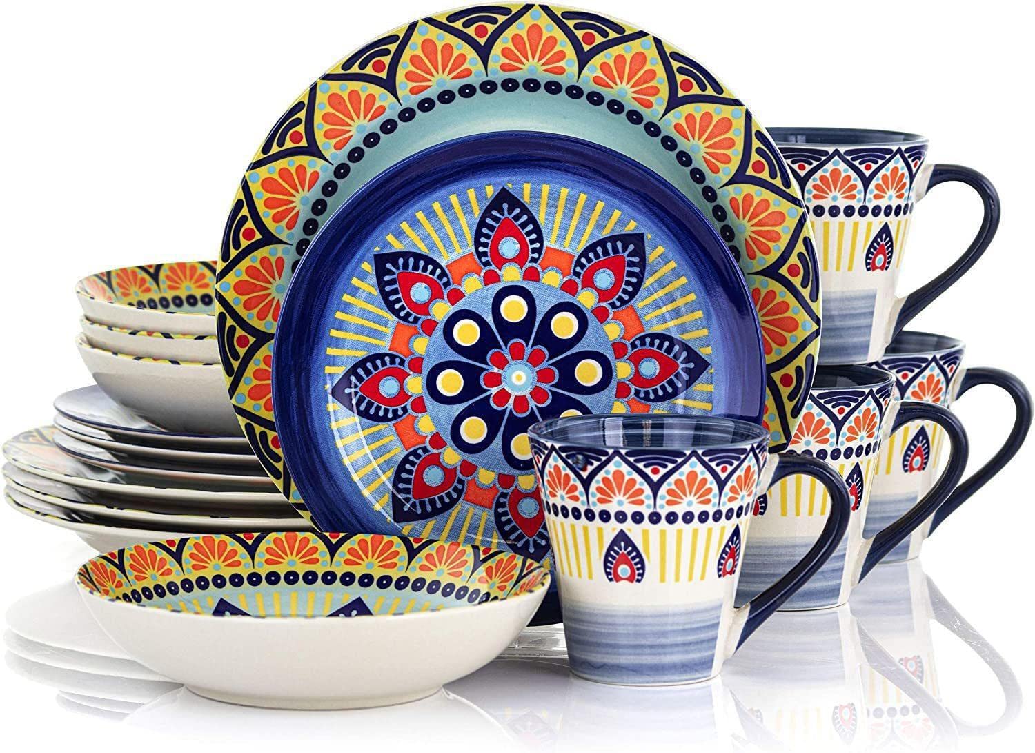 Elama Multicolored Round Stoneware Mandala Pattern Dinnerware Set, 16 Piece, Blue