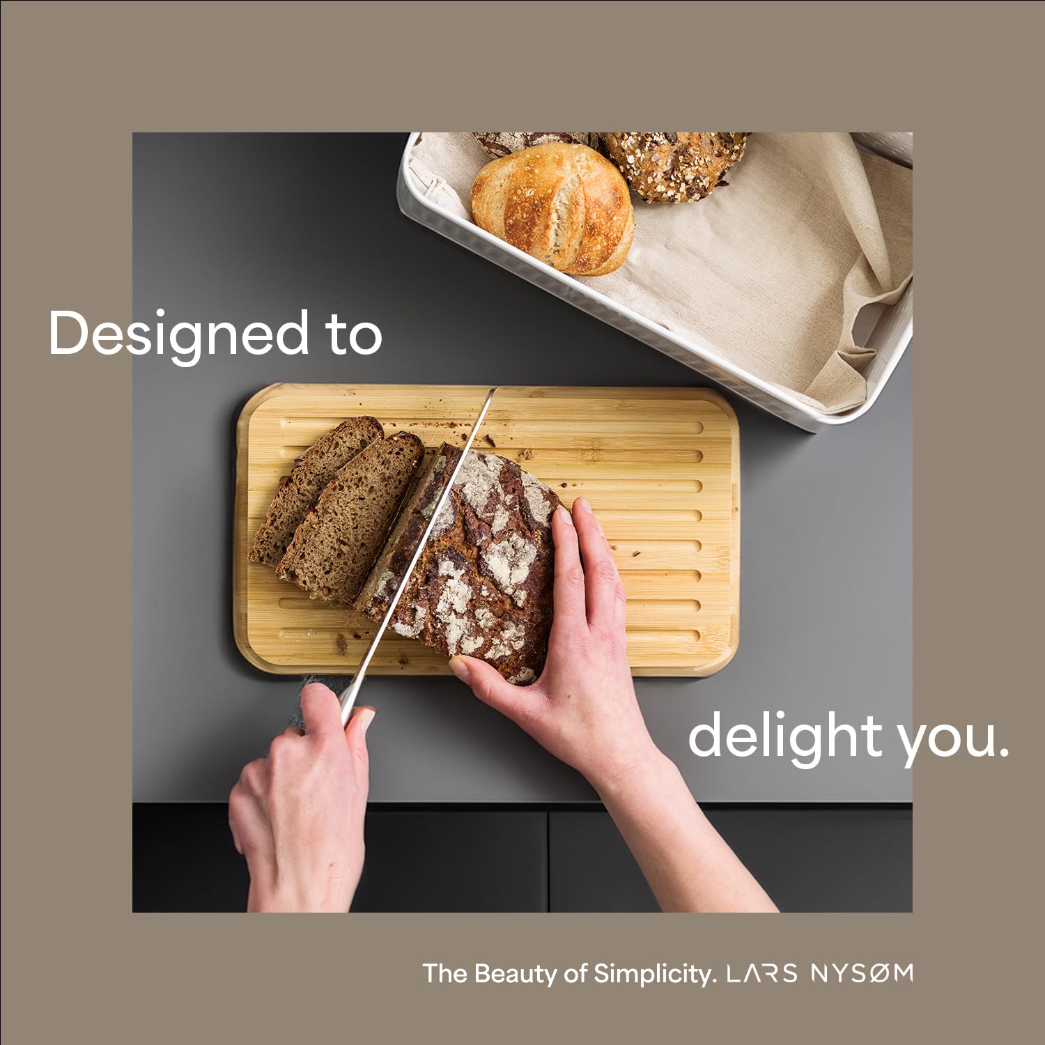 LARS NYSØM Bread Box - Metal with Bamboo Cutting Board Lid, 13.4x7.3x5.3In, Carbon Black, Long-lasting Freshness