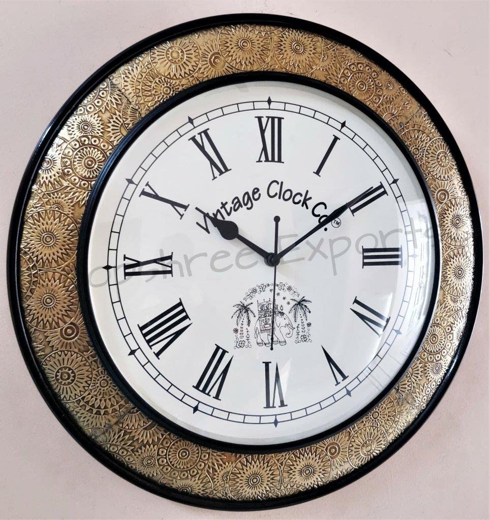 Vintage Clock Wooden Hand-Crafted Brass Inlay Large Wall Clock / 1 Year Warranty / 16X16 Inches (40 CmS), Analog