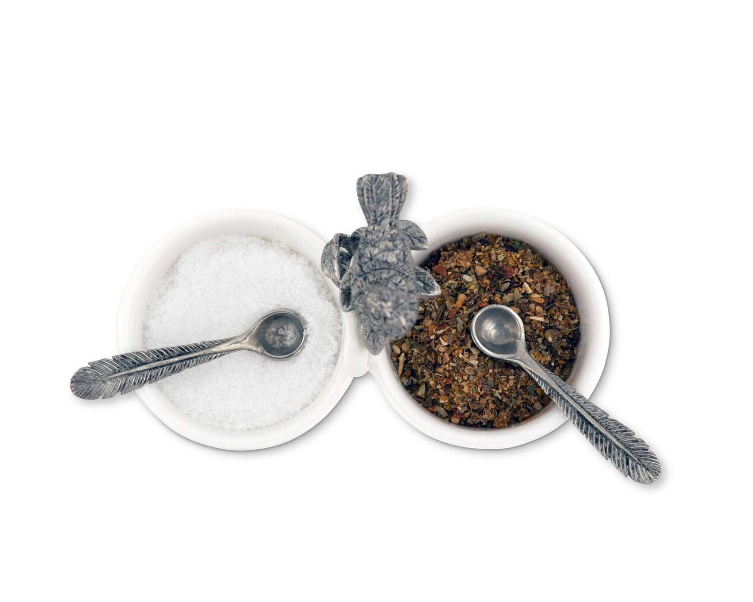Vagabond House Song Bird Double Salt Cellar Spice Sauce Server And Place Card With Pewter Feather Spoons 2.5 Inch Tall 4.25 Inch
