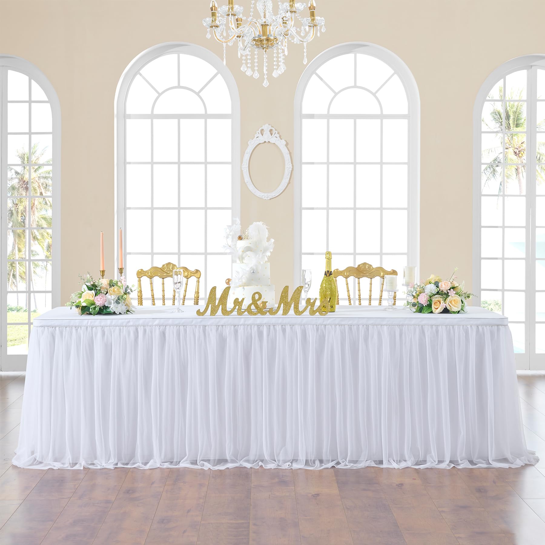 252in White Tulle Table Skirts for Rectangle Tables 8ft, 2-Layer Gold Grim Ruffle Tulle Tutu Cloth Table Skirt 21ft Long for Wed