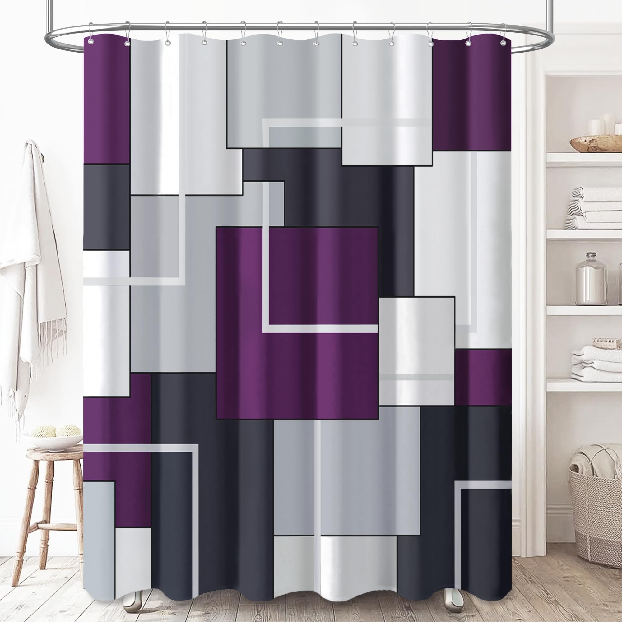 Bttn 78 Inch Long Shower Curtain - Geometric Waterproof Fabric Shower Curtain Set With Plastic Hooks, Weighted Hem, Tall Hotel M