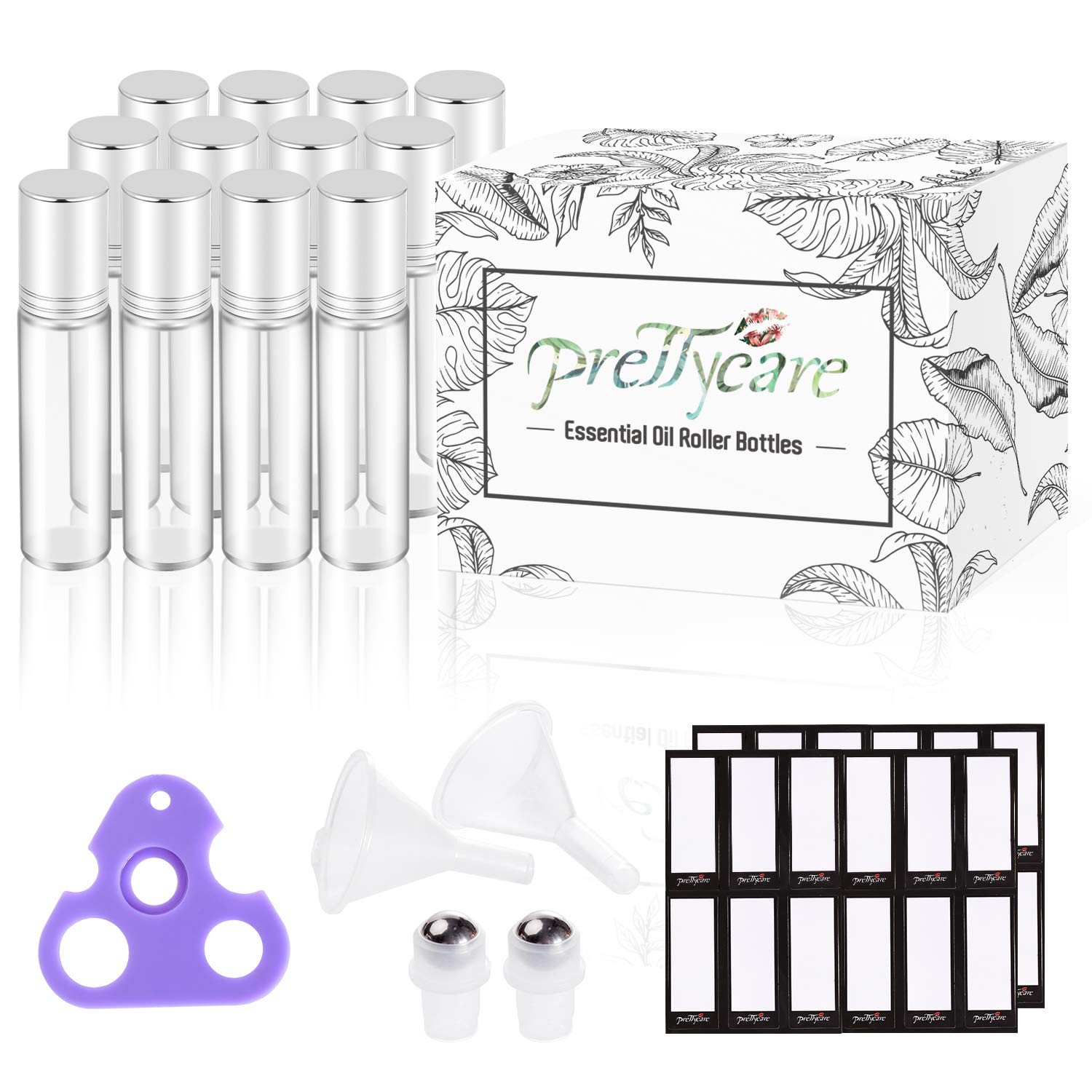 Prettycare Essential Oil Roller Bottles 10Ml (Clear Glass Bottle With Silver Cap, 12 Pack, 2 Extra Stainless Steel Balls, 24 Lab