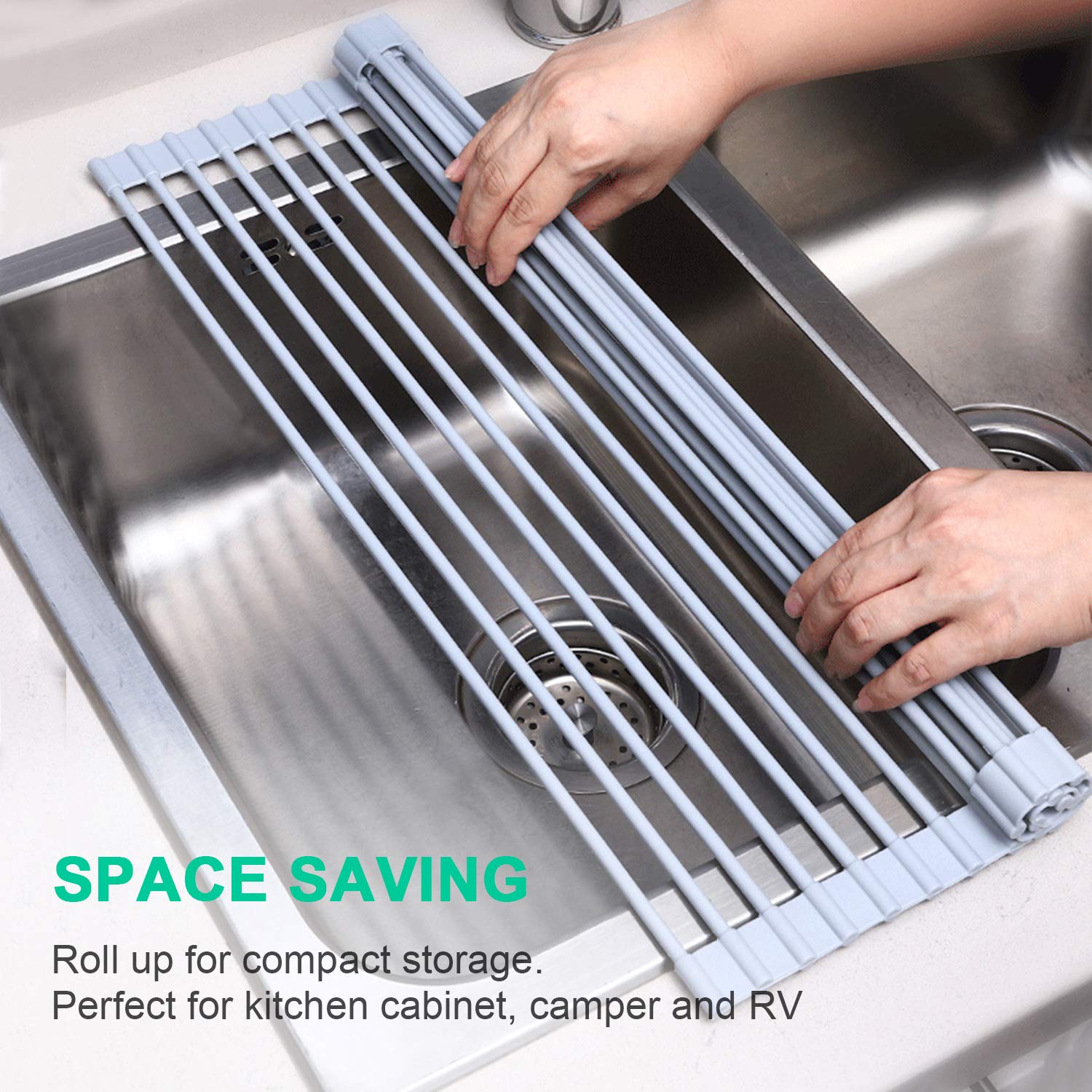 Tbmax Roll Up Dish Drying Rack, Food-Grade Silicone-Coated Stainless Steel Over The Sink Rack, Heavy Duty Roll Up Sink Drying Ra