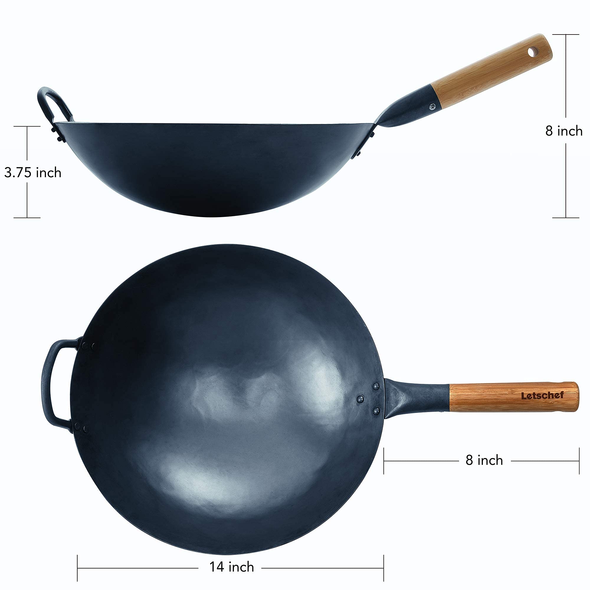 Letschef Preseasoned Carbon Steel Wok 14 Inches Hand Hammered Chinese Traditional Wok And Stir Fry Pan Round Bottom With Bamboo