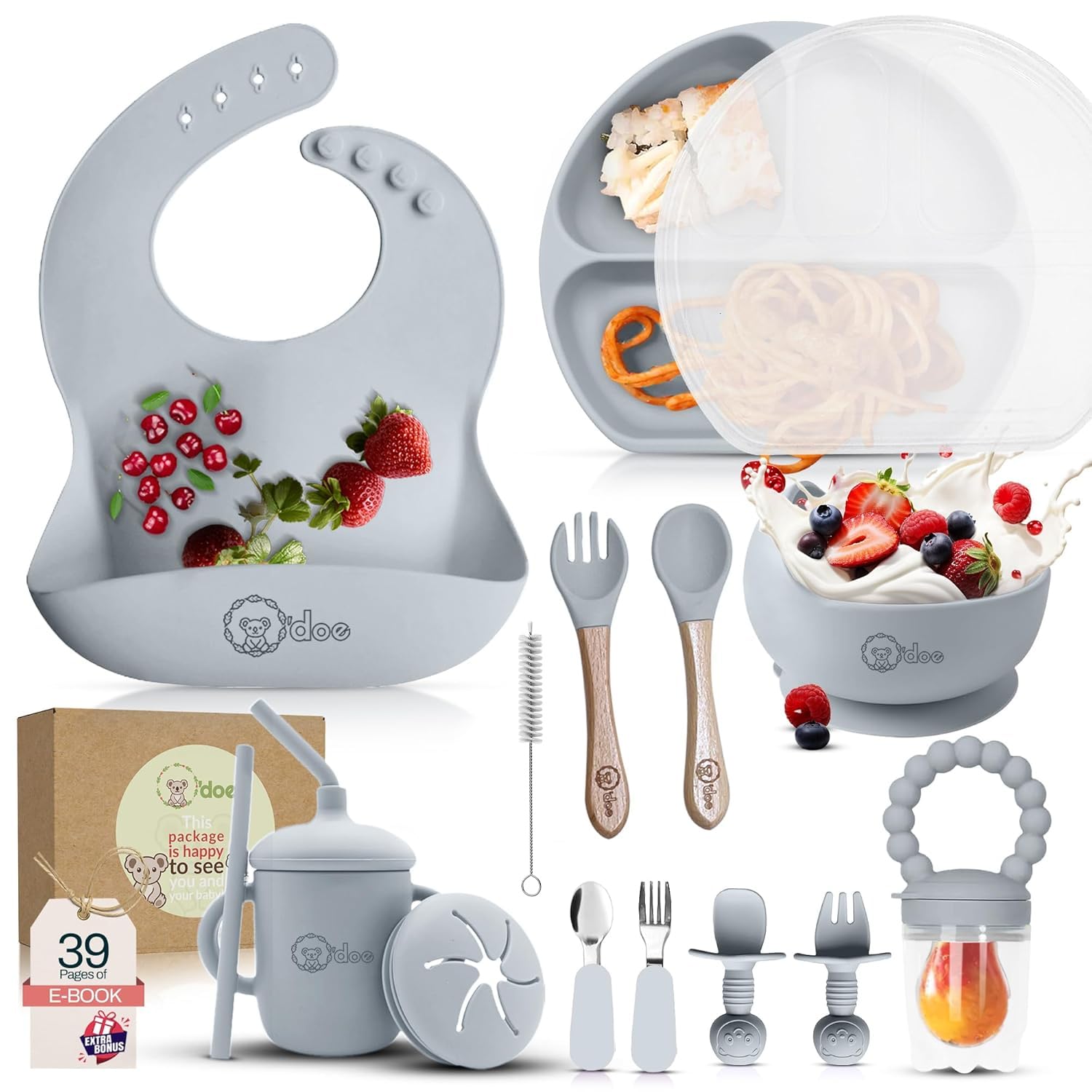 Odoe 11-Piece BPA-Free Silicone Baby Feeding Set | Thick & Soft Suction Plates, Baby Bowls, Wooden Fork & Spoon, and More | Mak