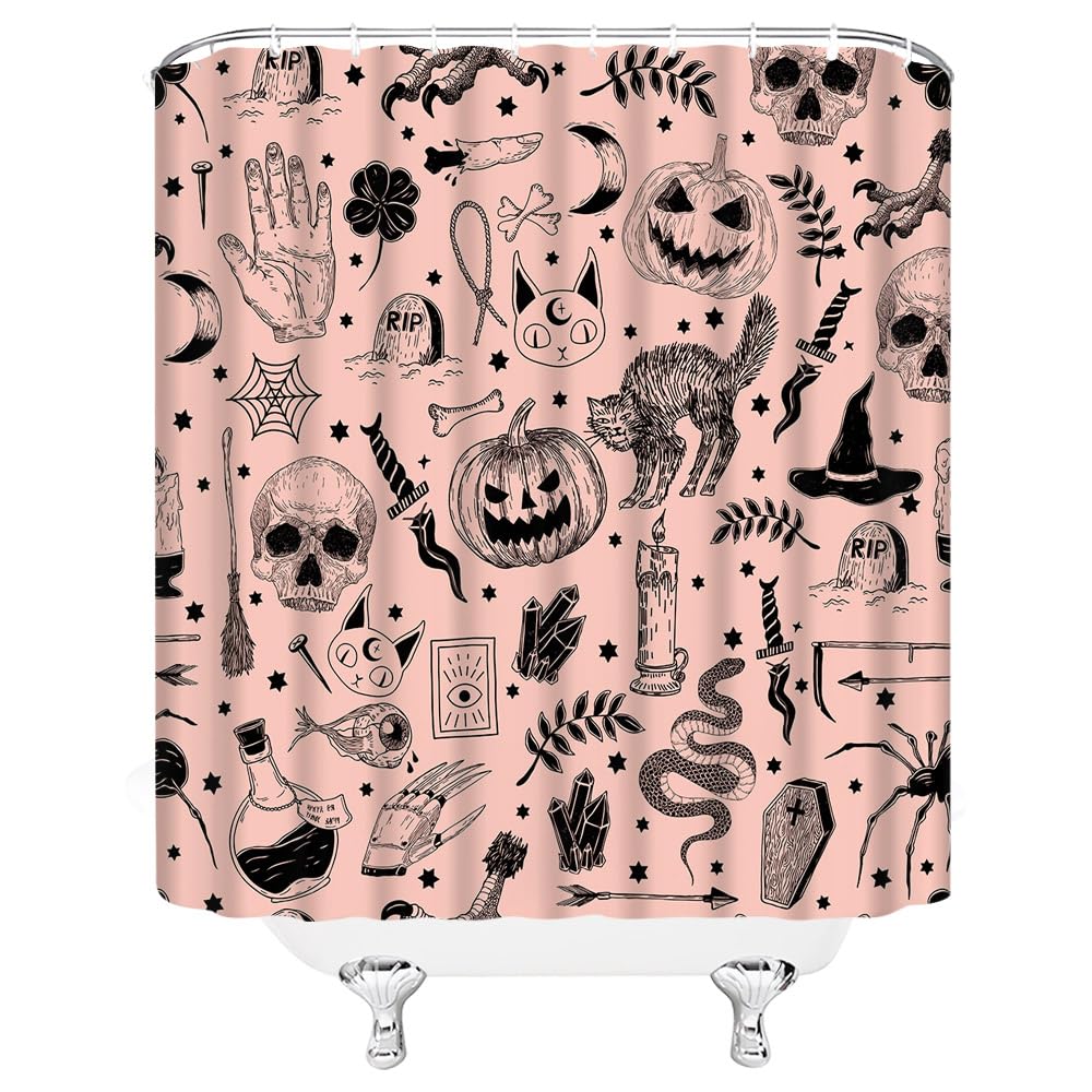 Spooky Halloween Shower Curtain Black Scary Cat Pumpkin Witchy Hand Moon Skull Candle Vintage Gothic Vintage Holiday Pink Fabric