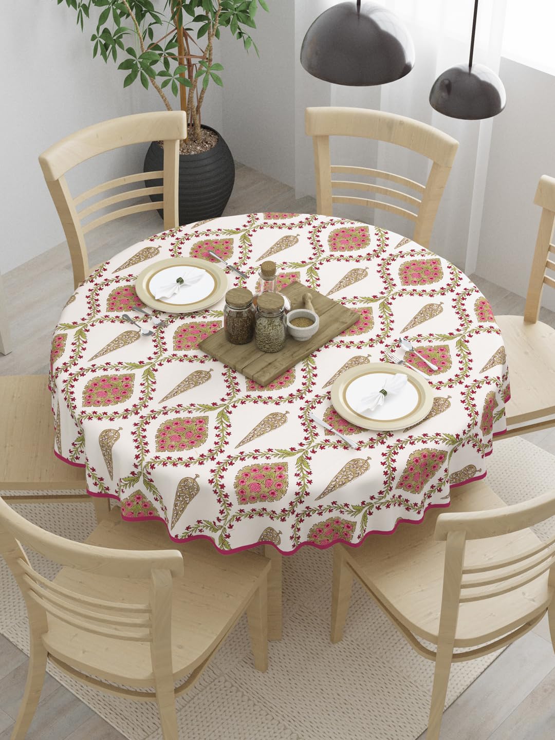 Clasiko 100% Cotton 6 Seater Round Table Cover; 72x72 Inches; Pink Beige Block Print