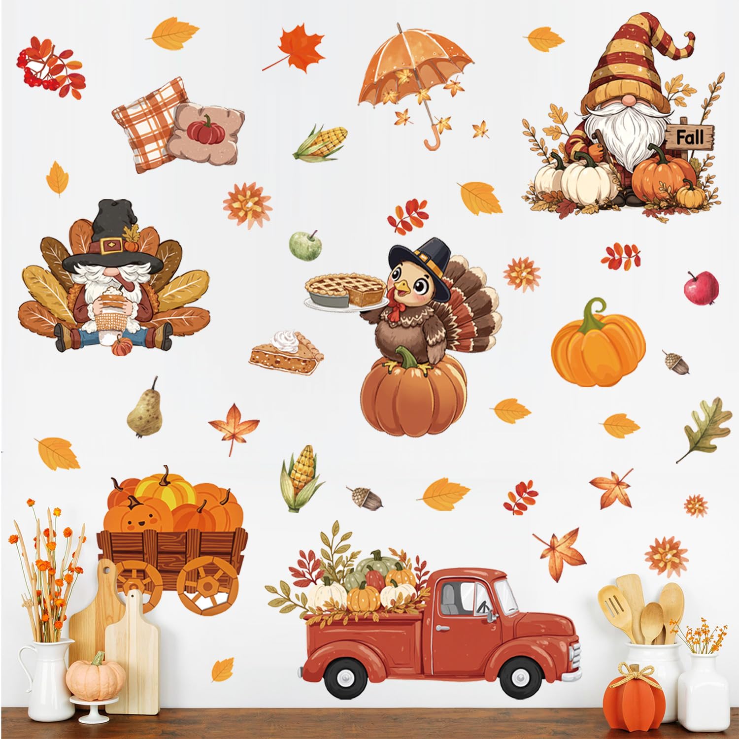 Aryroi Fall Gnome Window Clings,Fall Window Clings for Glass,Thanksgiving Turkey Sticker,Autumn Leaves Truck Pumpkin Pie Wall St