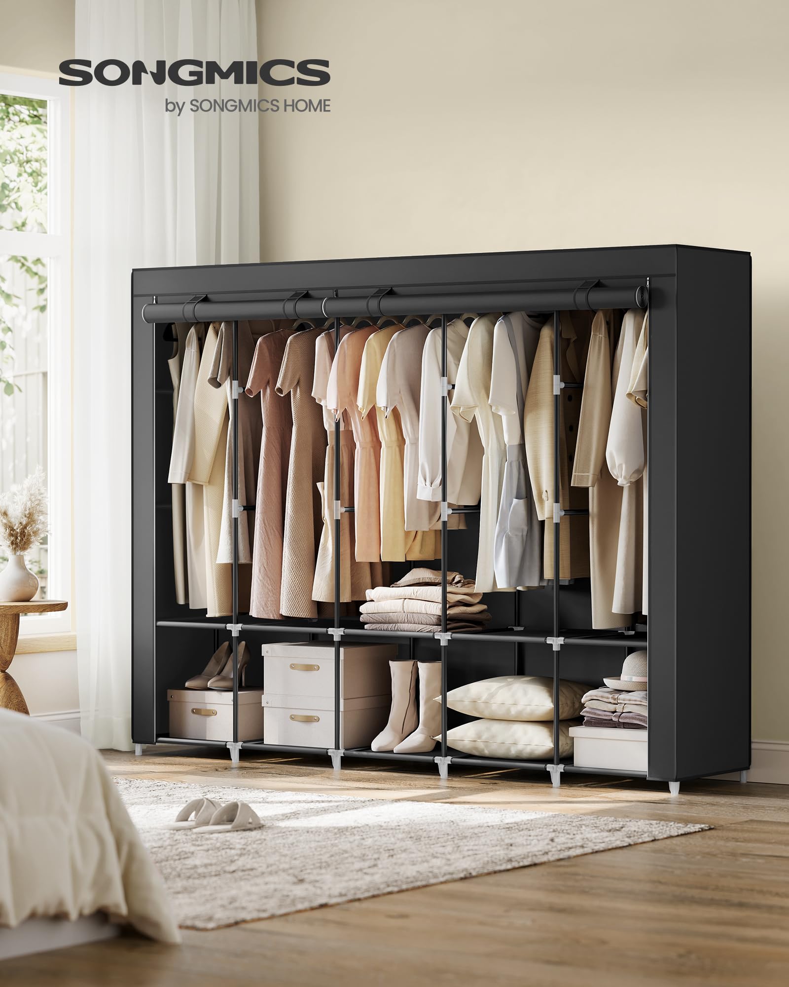 Songmics Portable Closet, Wardrobe Closet Organizer With Cover, 5 Hanging Rods And Shelves, 4 Side Pockets, 83 X 17.7 X 65.7 Inc