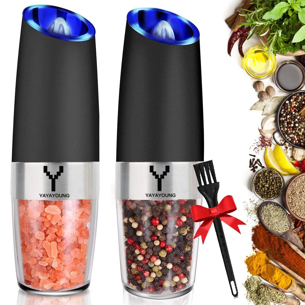 Yayayoung Gravity Electric Grinder Set Of 2,Automatic Pepper And Salt Mill Grinder With Blue Led Light,Electric Pepper Mill With