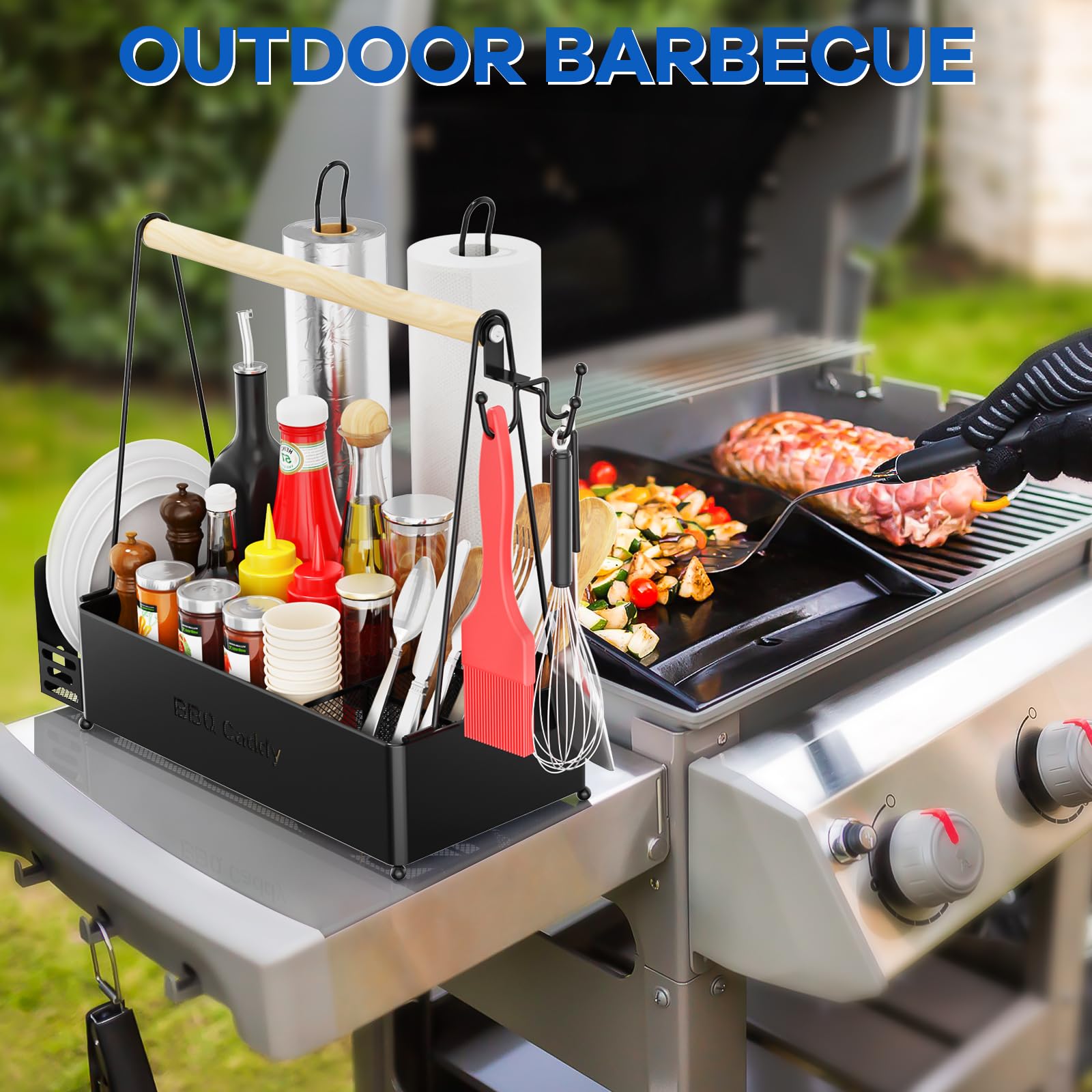 Grill Caddy For Outdoor Grill With 2 Paper Towel Holder, Wood Handle & 3 Hooks, Camper Accessories, Condiment Caddy, Plates, Cut