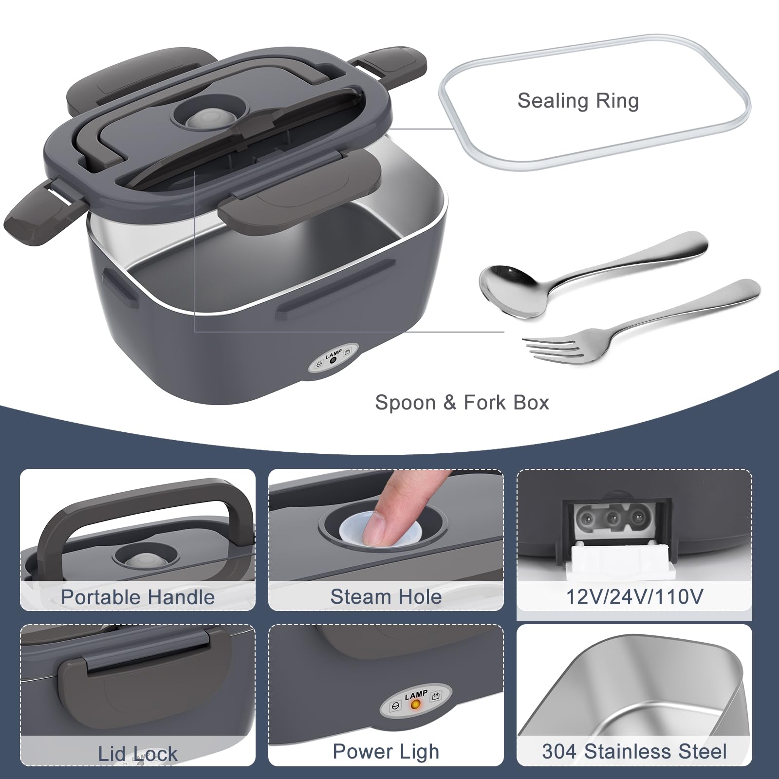 Carsolt Electric Lunch Box Food Heater 3 In 1 Portable Warmer Leakproof Heated Box For Adults, 12V/24V 110V Heating Microwave Fo