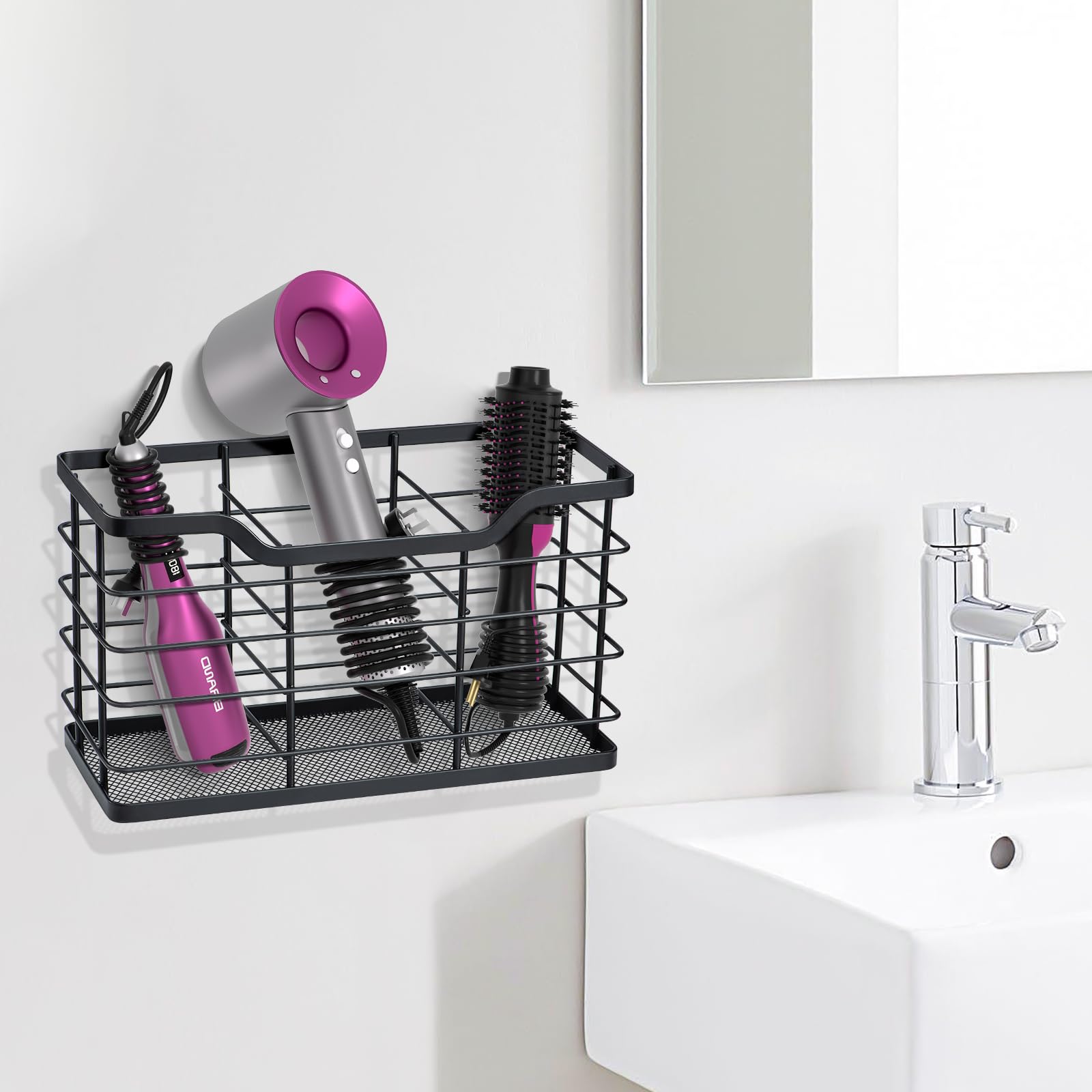 Happyhapi Hair Dryer Holder Hair Tool Organizer, Antirust Wall Mount Bathroom Hair Care Styling Tool Storage Basket For Hair Dry