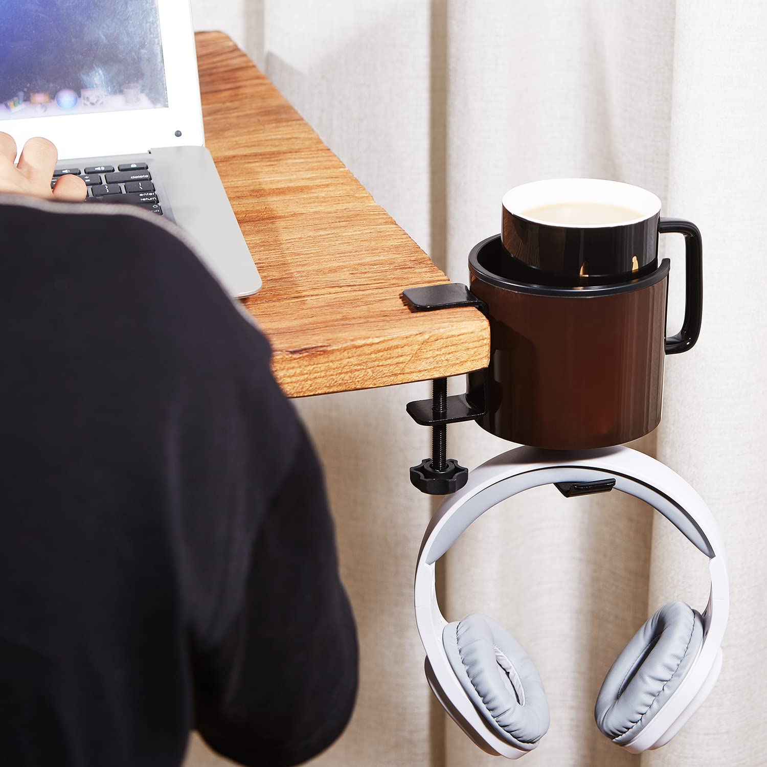 Gunking Luxury 2-In-1 Anti-Spill Cup Holder With Under Desk Headphone Hanger (Coffee Brown)