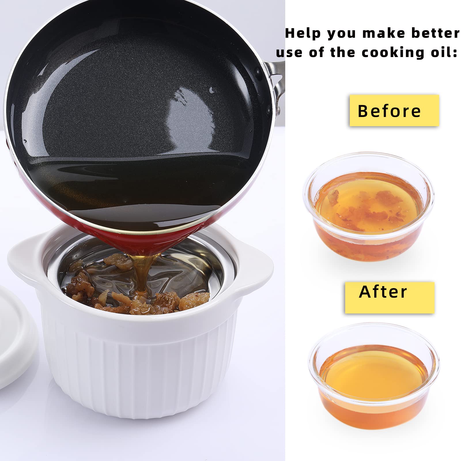 Ceramic Bacon Grease Container Keeper with Strainer  Frying Oil Storage Can   White