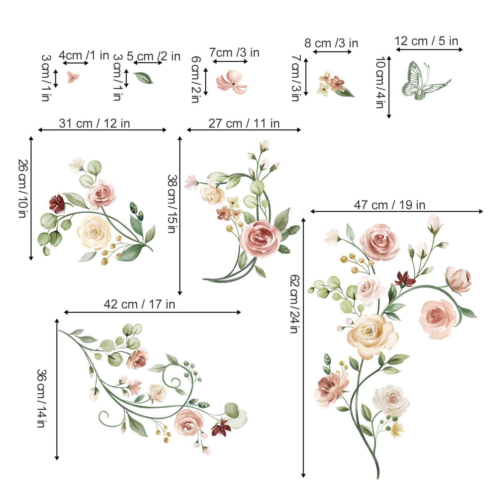 Wondever Rose Vine Flower Wall Stickers Watercolor Garden Floral Peel And Stick Wall Art Decals For Bedroom Living Room Tv Wall