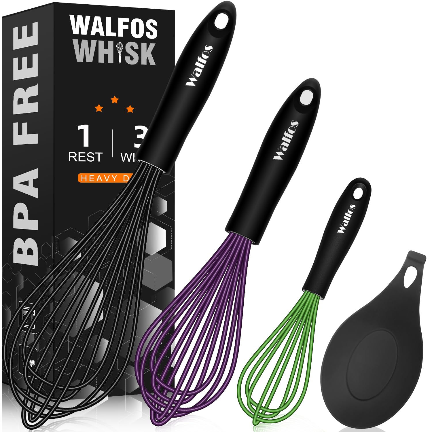 Walfos Silicone Whisk With 8In Rest,Whisks For Cooking Non Scratch,7.5+9+11In Whisk For Nonstick Cookware,Dishwasher Safe,Rest F